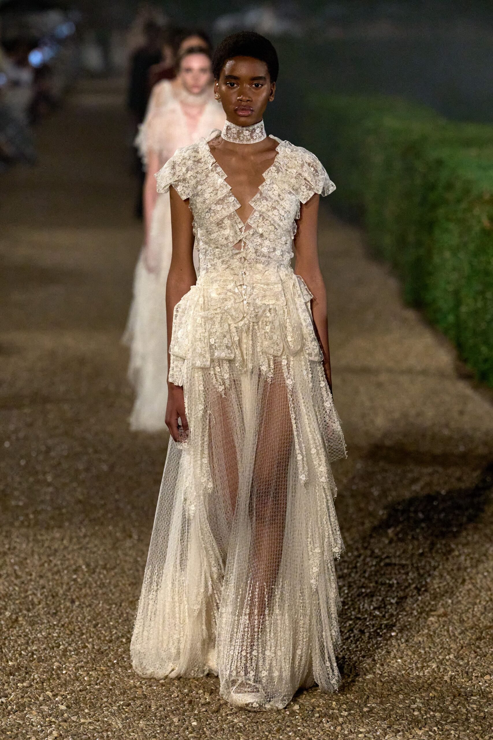 ivory lace sleeveless v-neck fitted ruffled layered gown
