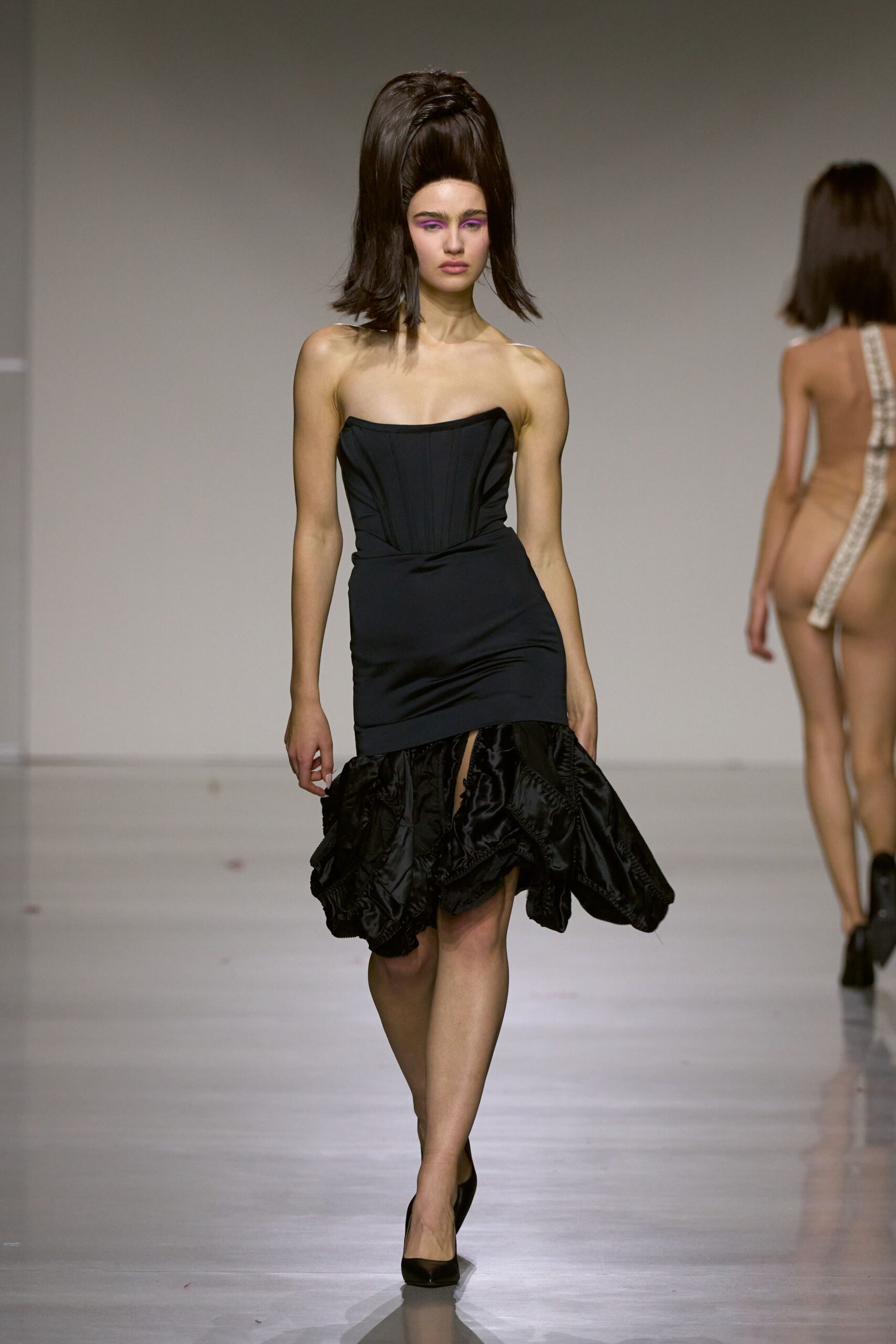 black silk strapless slit fitted ruffled mini dress