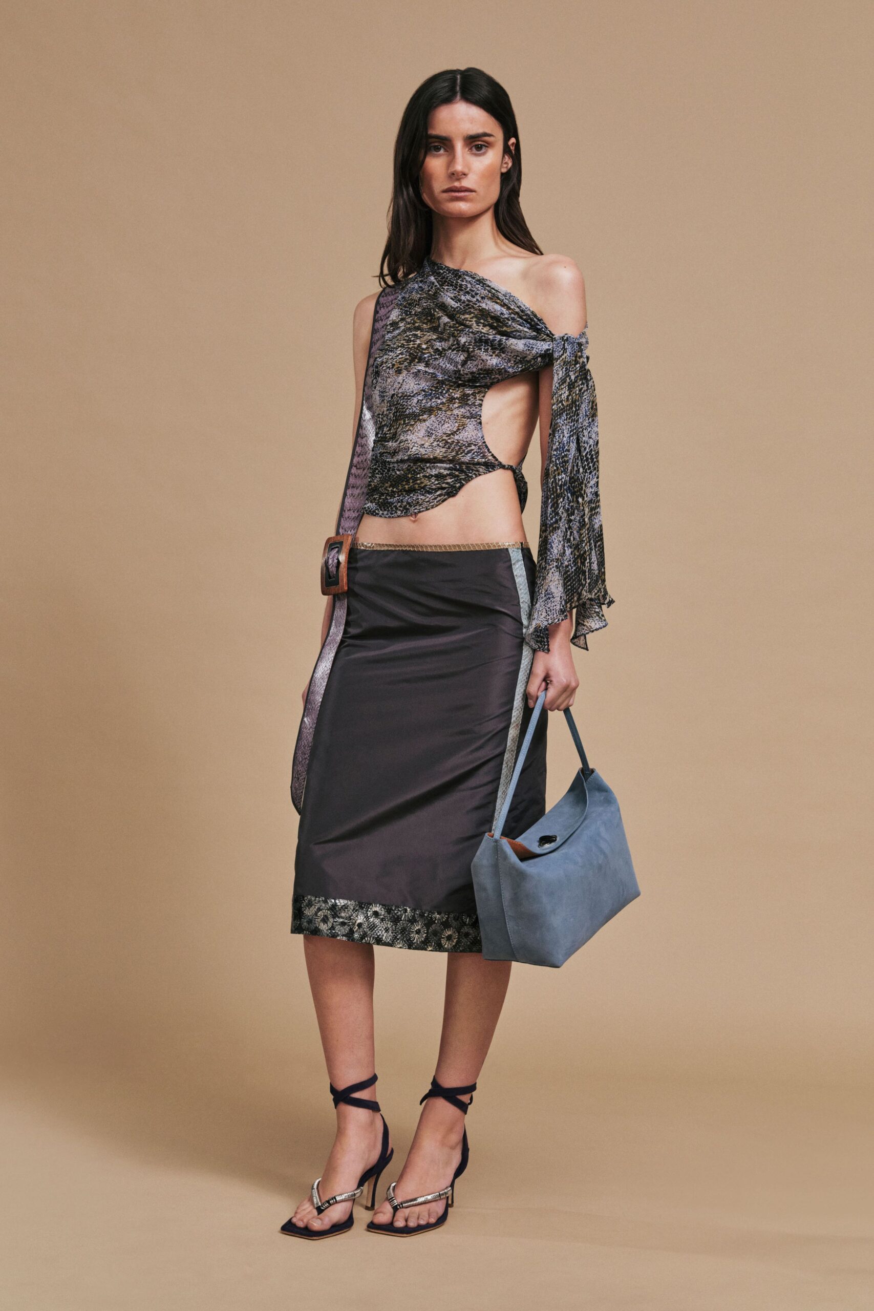 multi-colored fitted top with gray midi skirt