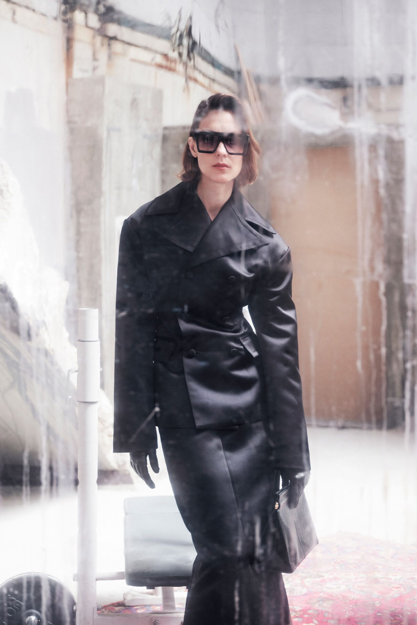 black leather midi dress with gloves