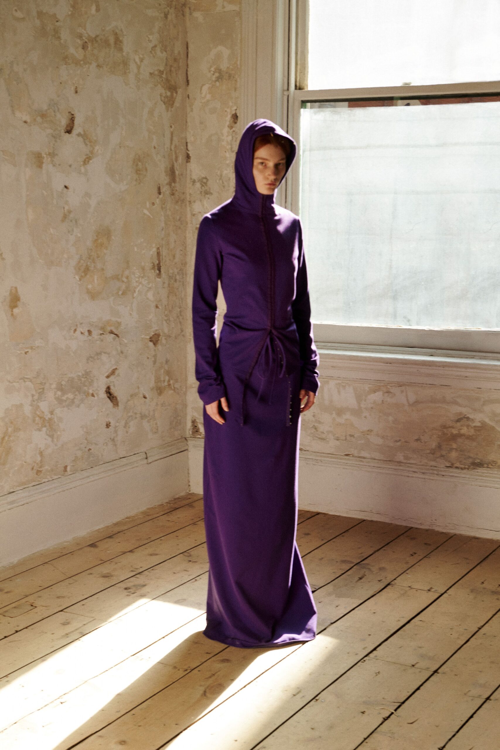 purple hooded maxi dress