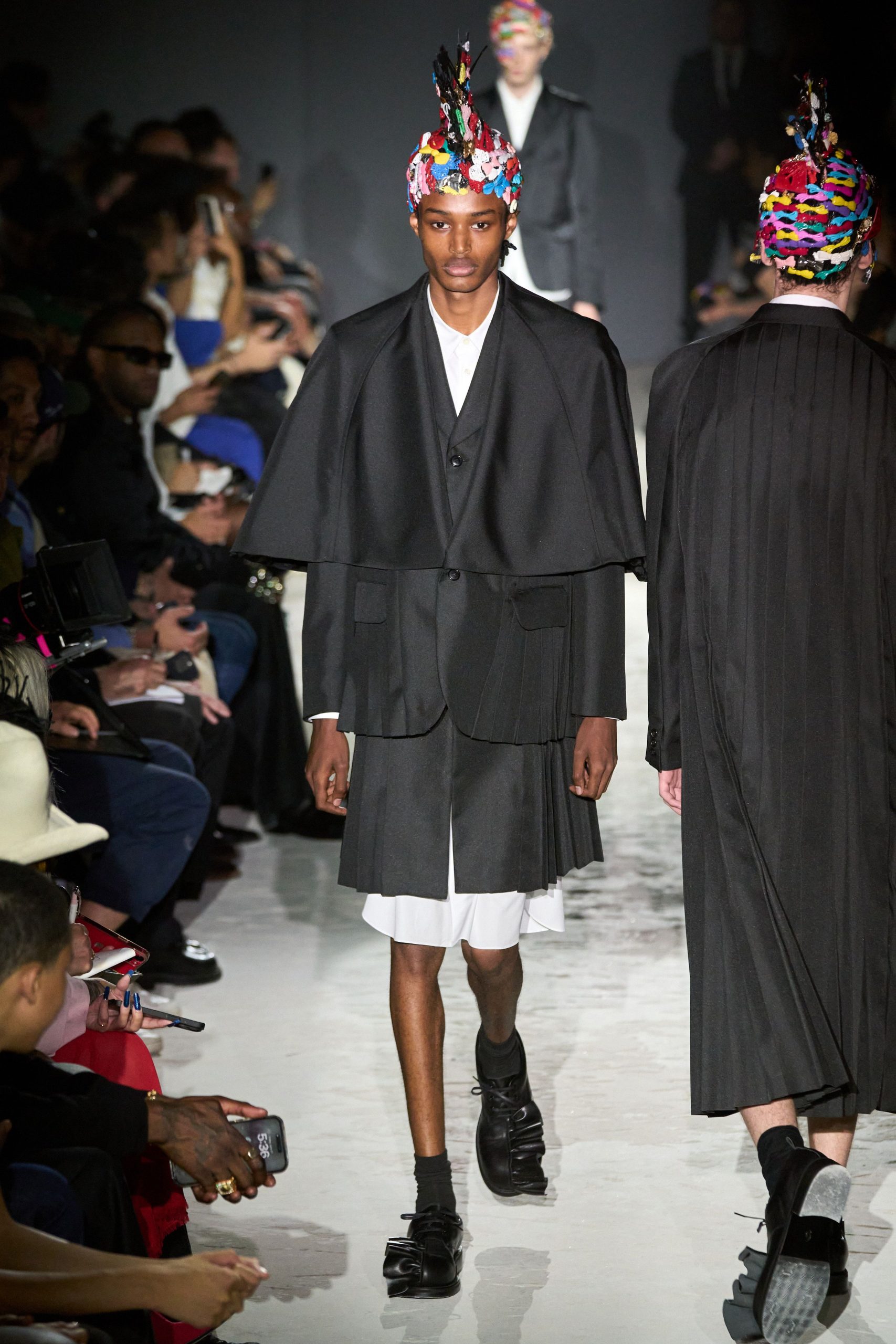 black wool short-sleeve collared structured layered short coat