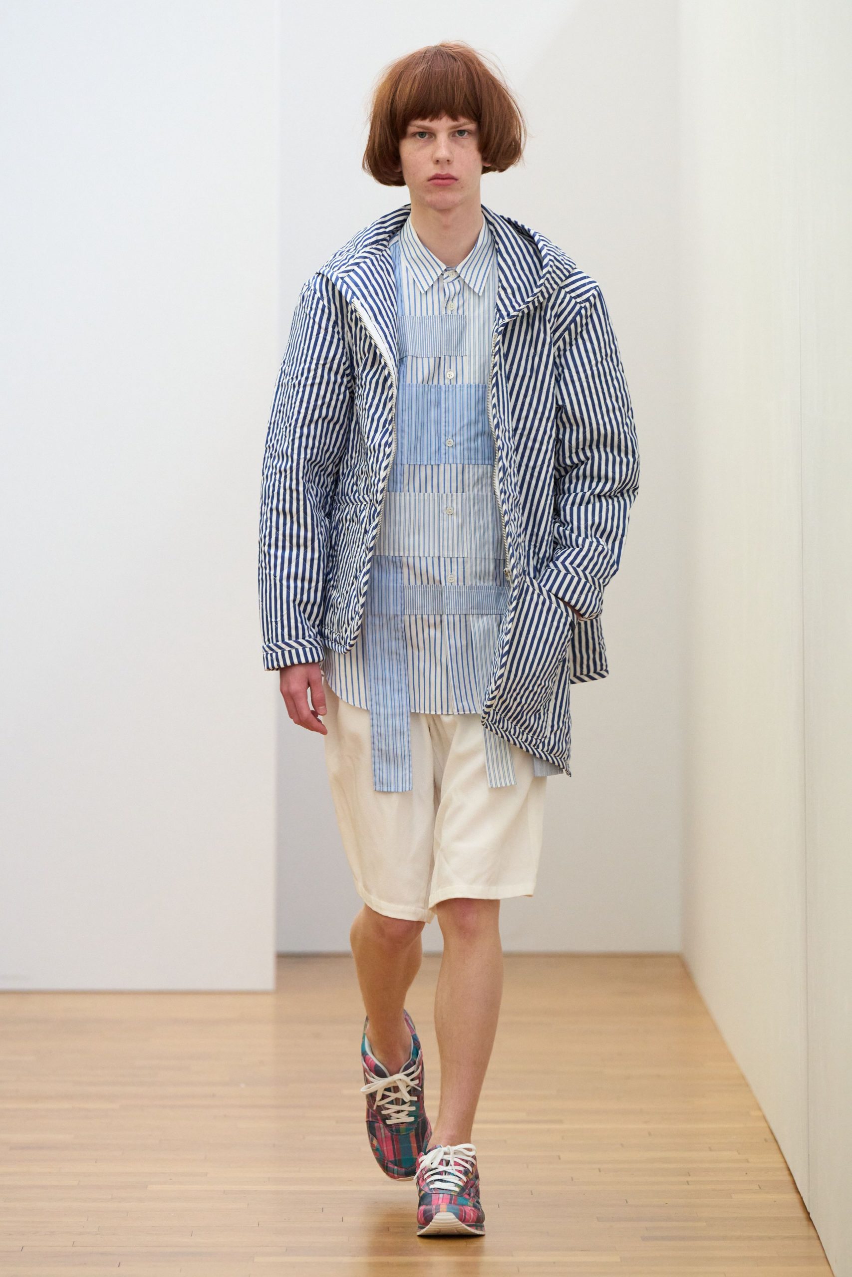 blue cotton long-sleeve collared relaxed striped jacket