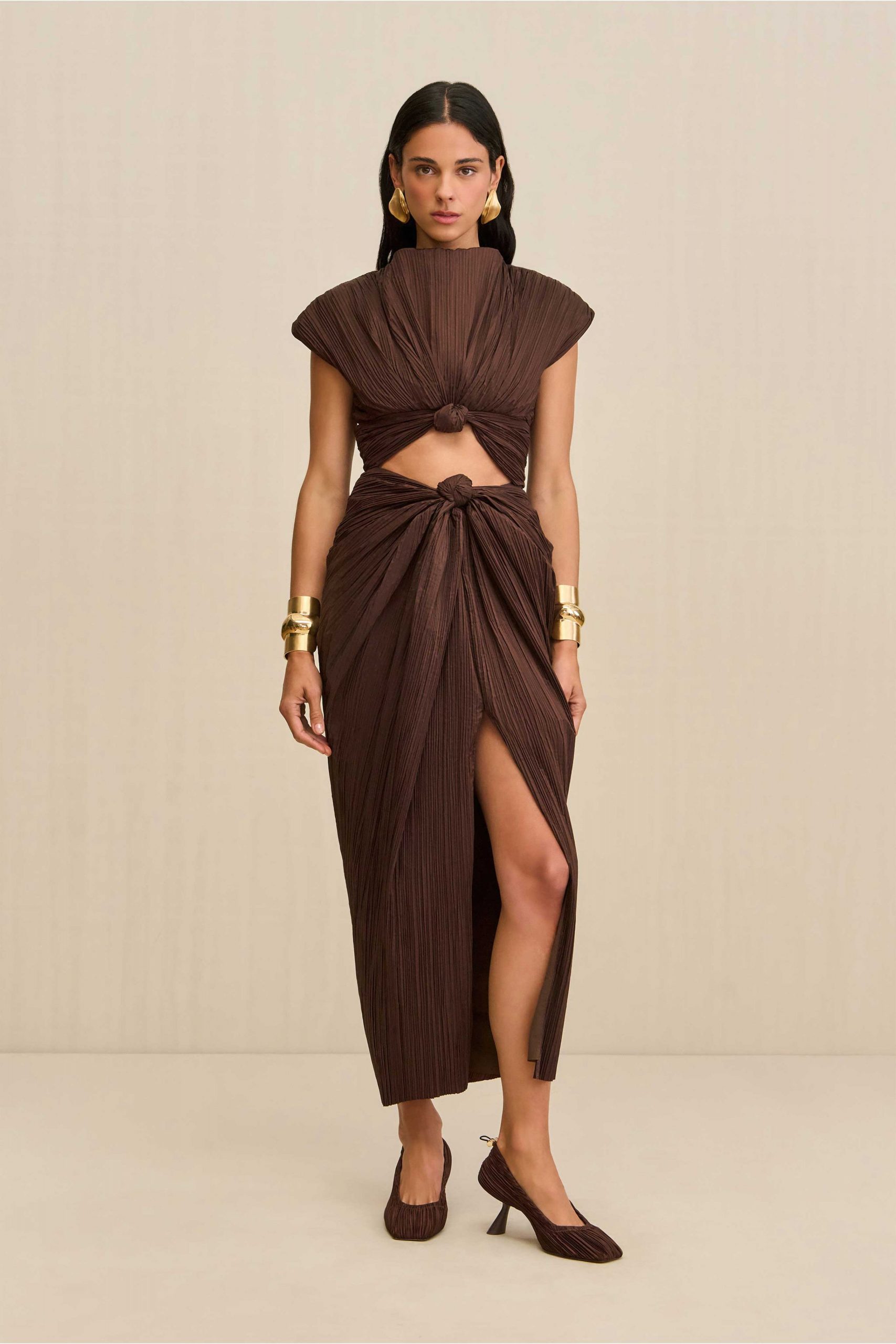 brown silk sleeveless high-neck fitted pleated midi dress
