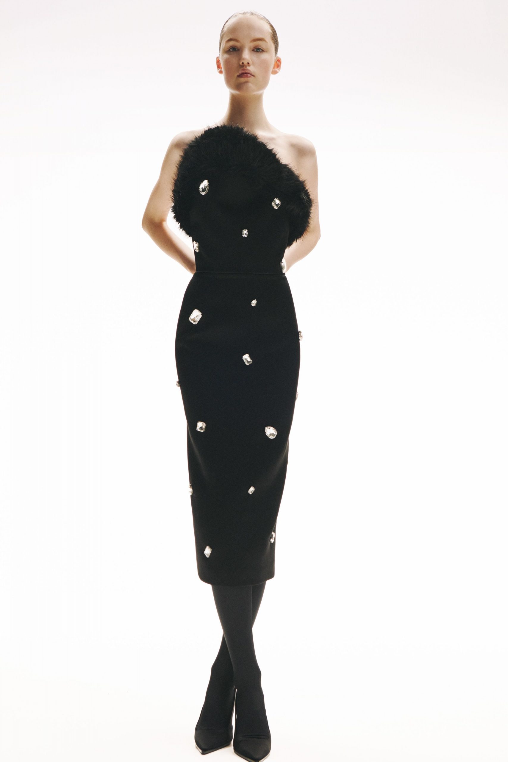 black embellished midi dress with heels