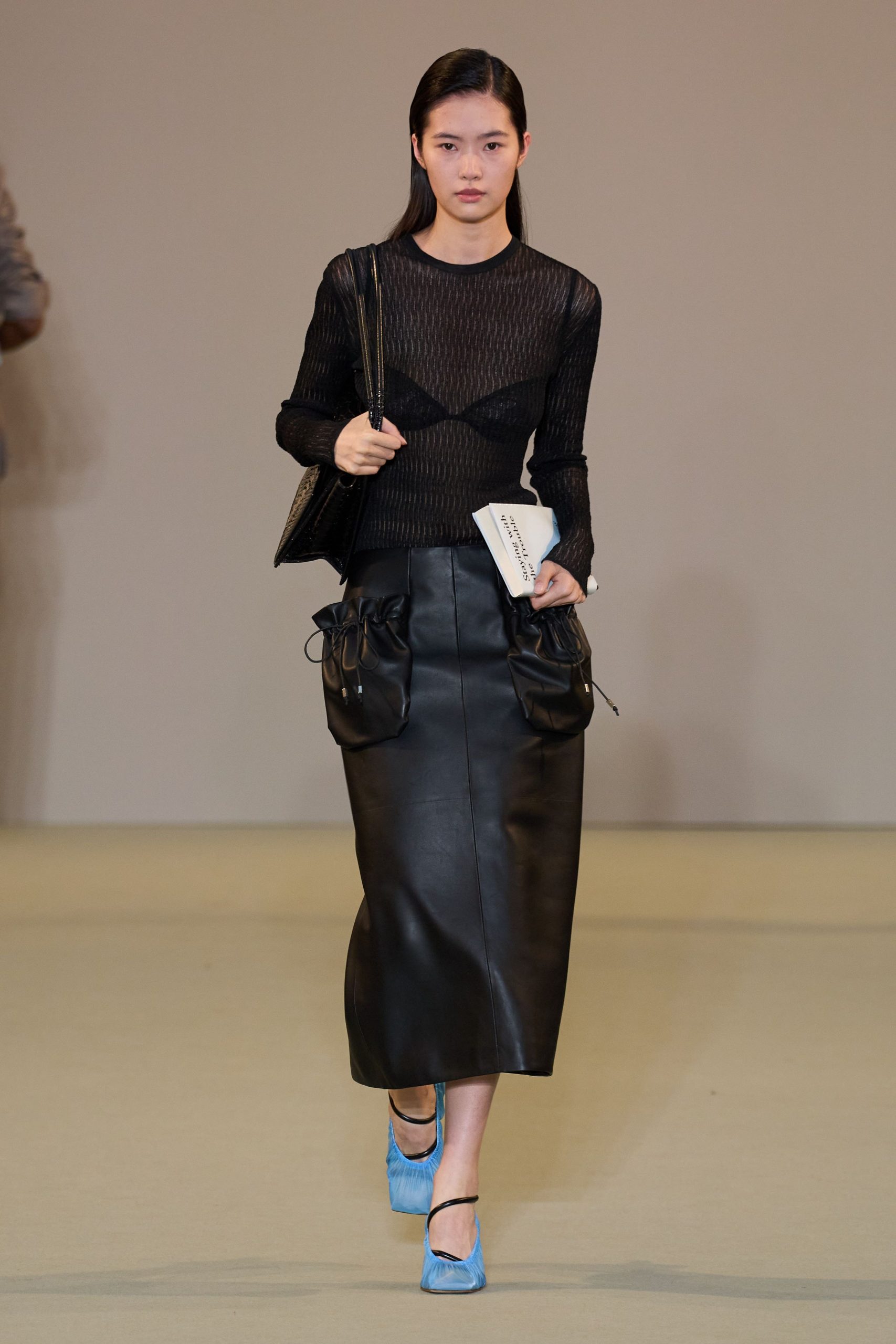 black mesh top with leather skirt
