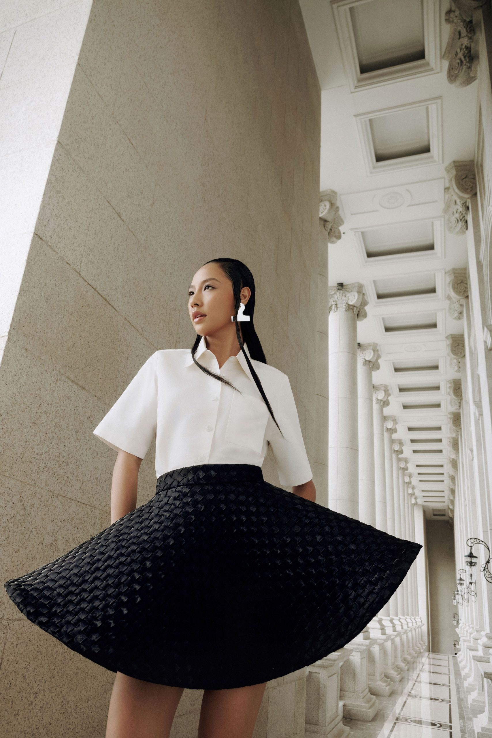 black cotton fitted flared mini skirt