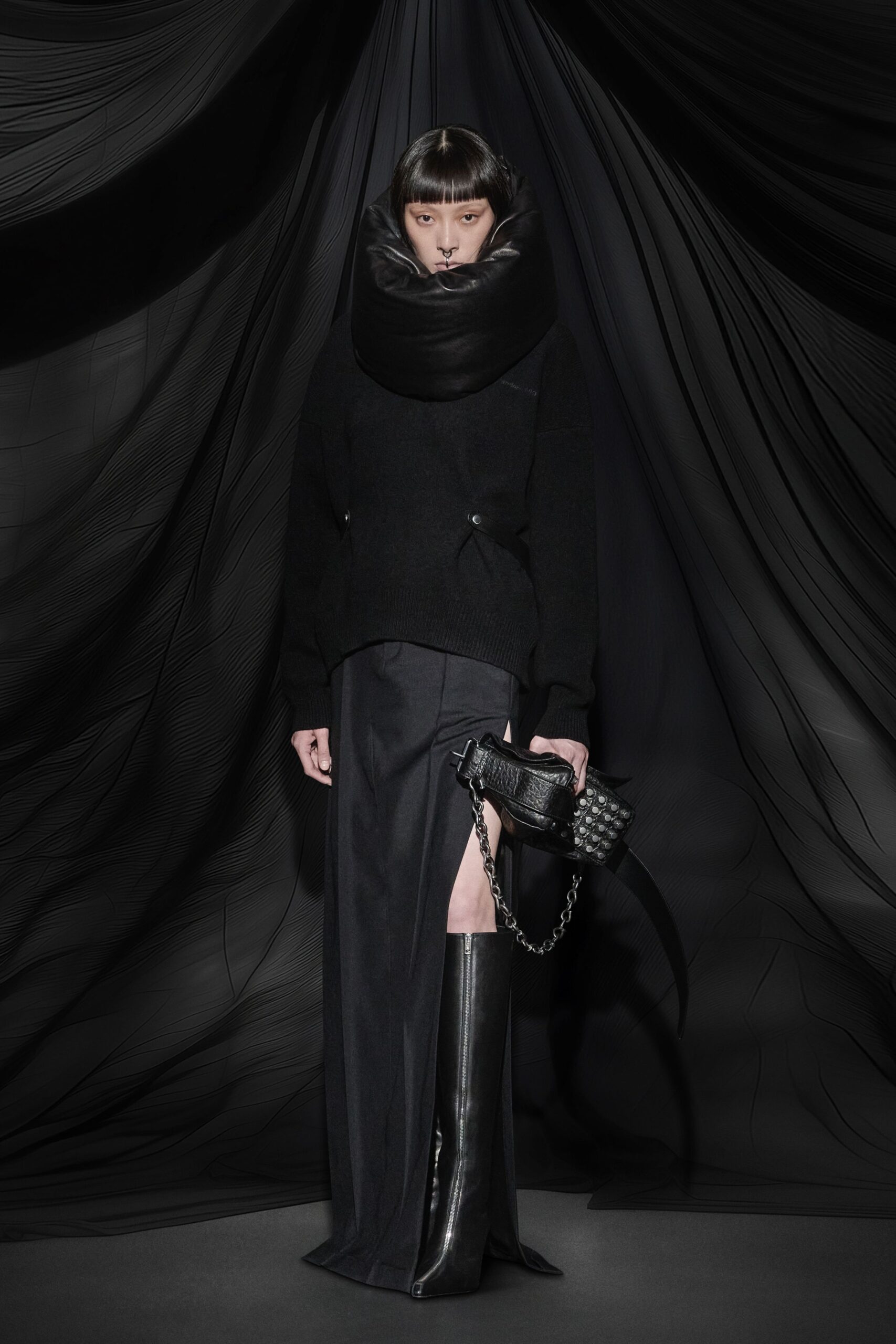 black wool slit fitted straight-leg skirt