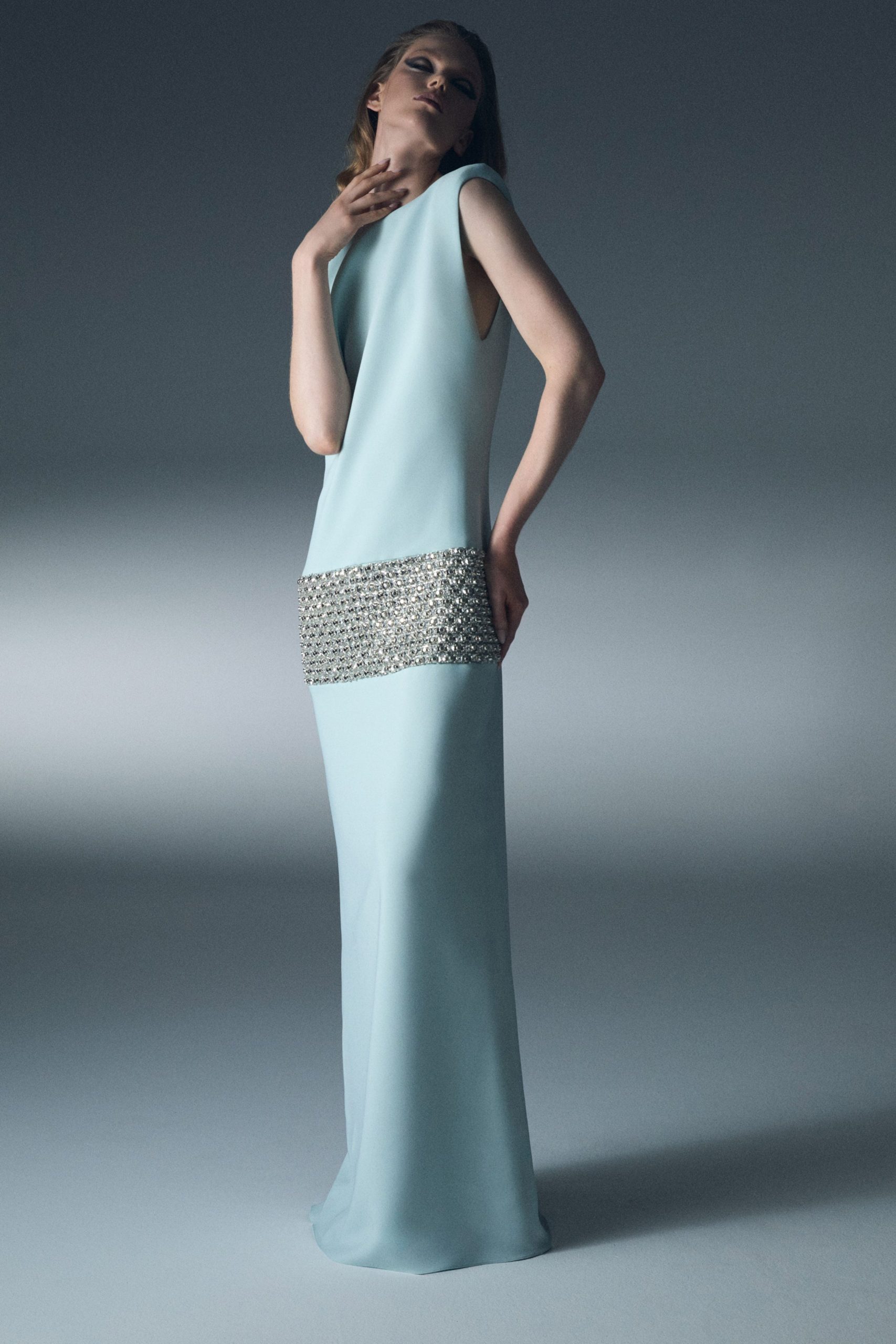 blue silk sleeveless gown