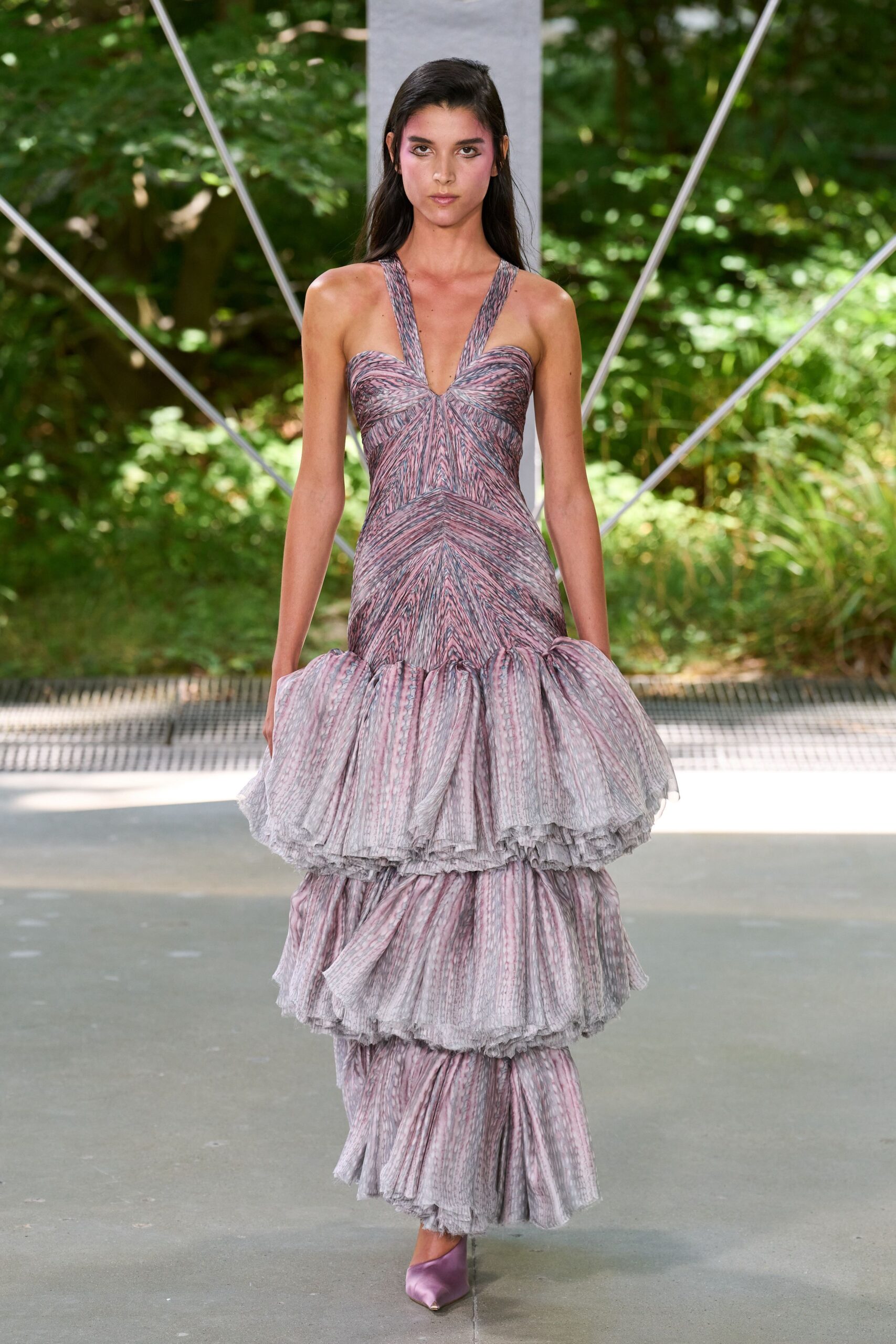 pink gray tiered gown with shoes