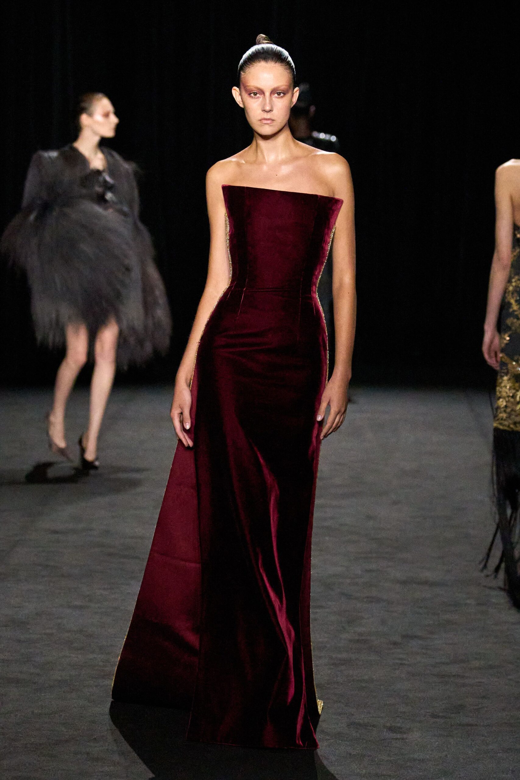 red velvet strapless gown