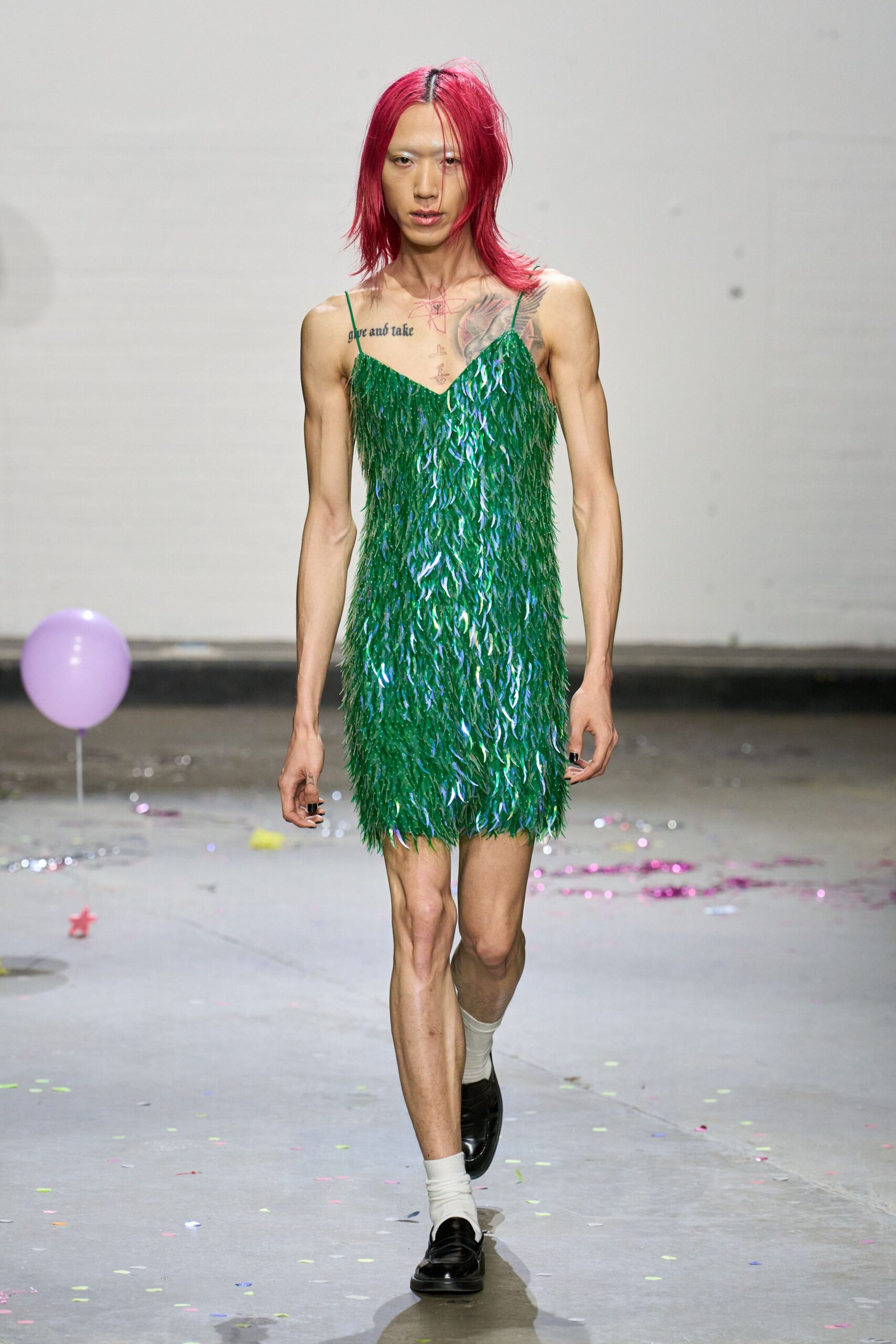 green silk sleeveless v-neck fitted fringed shiny dress