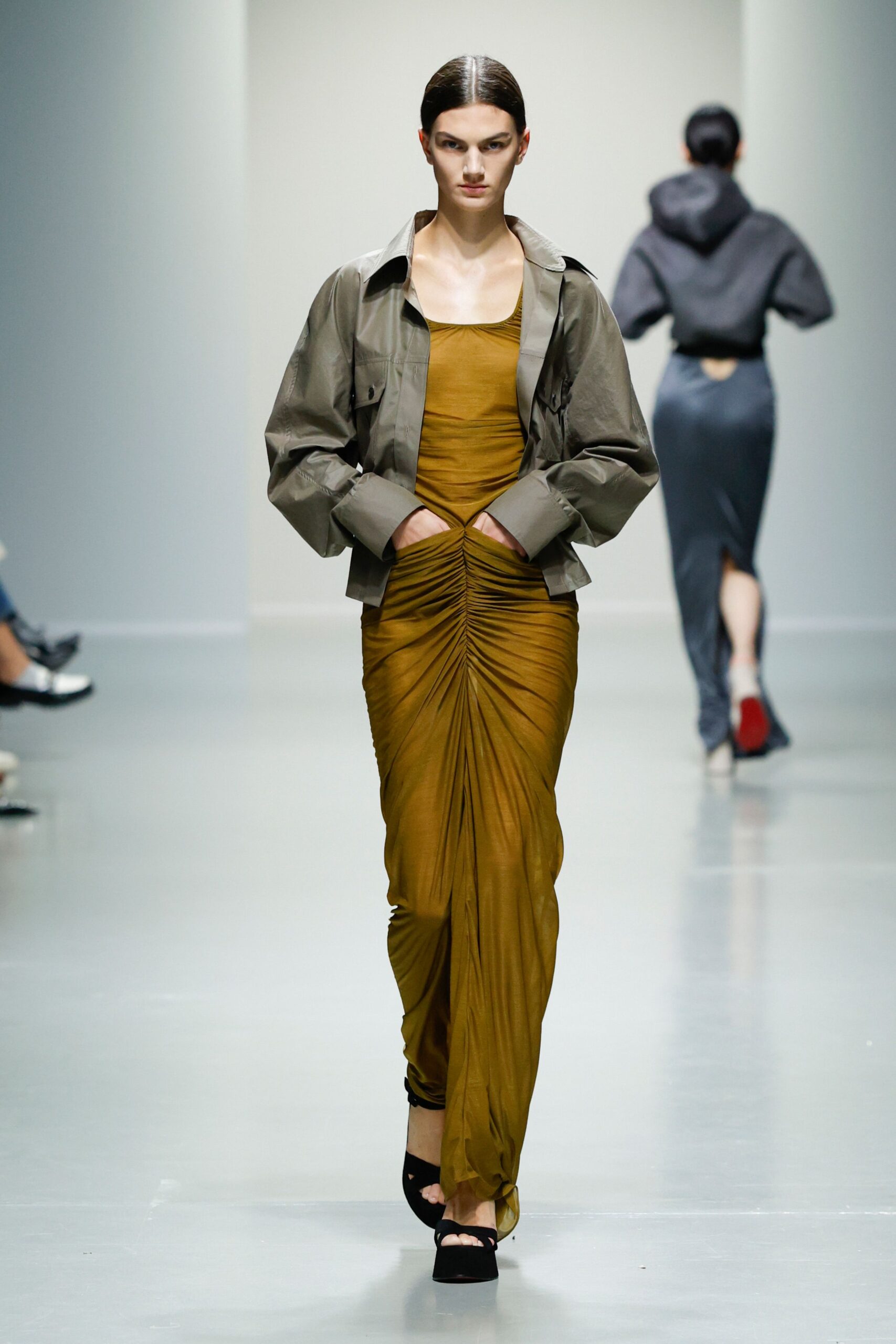 fitted yellow green maxi dress with gray jacket