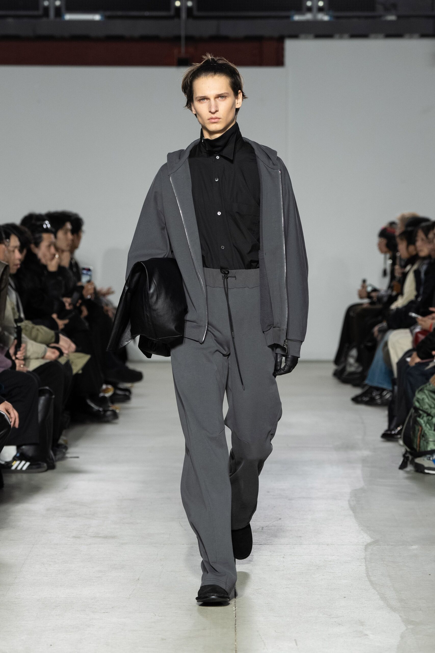 gray hoodie black shirt relaxed pants