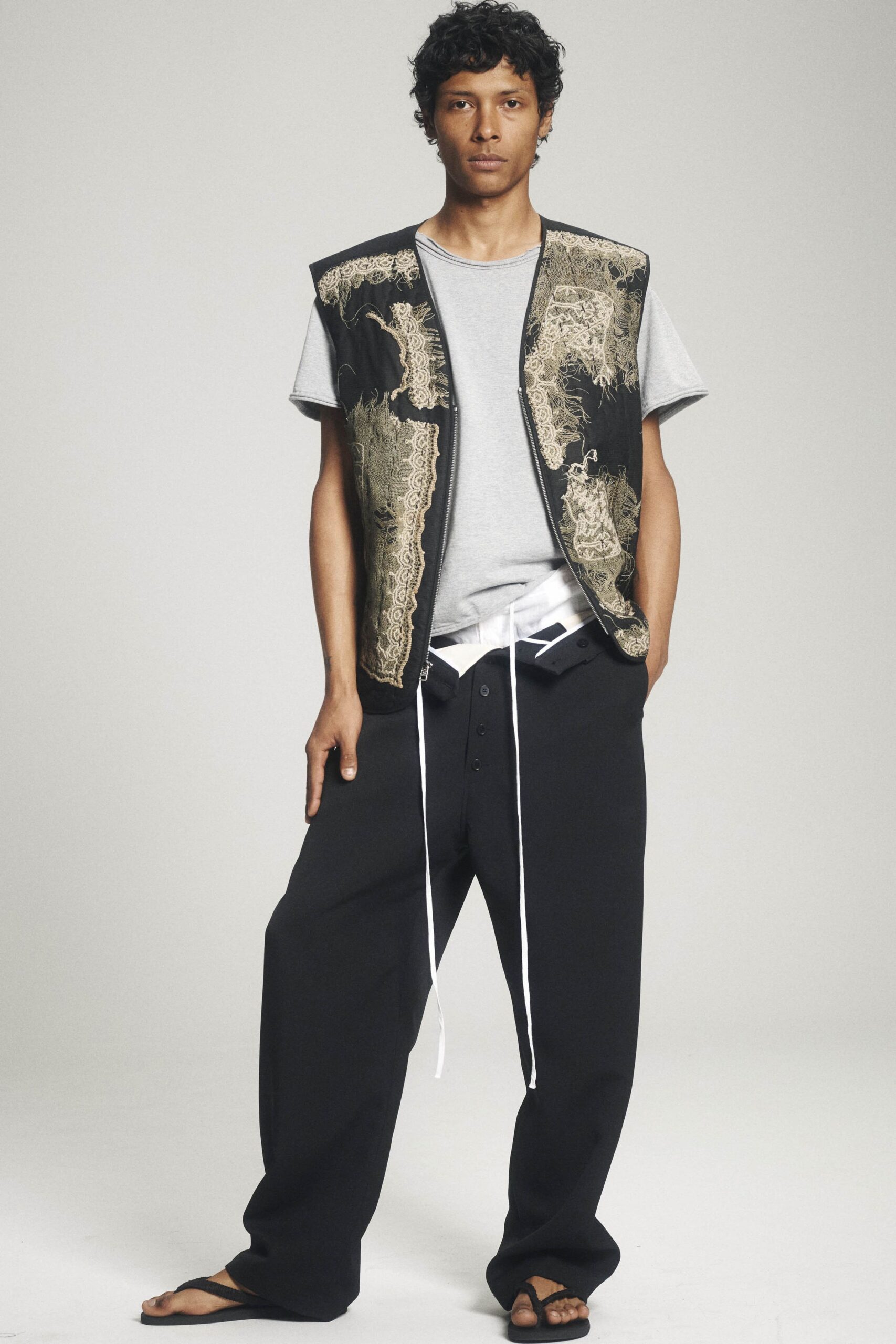black cotton sleeveless v-neck structured patchwork embroidered vest