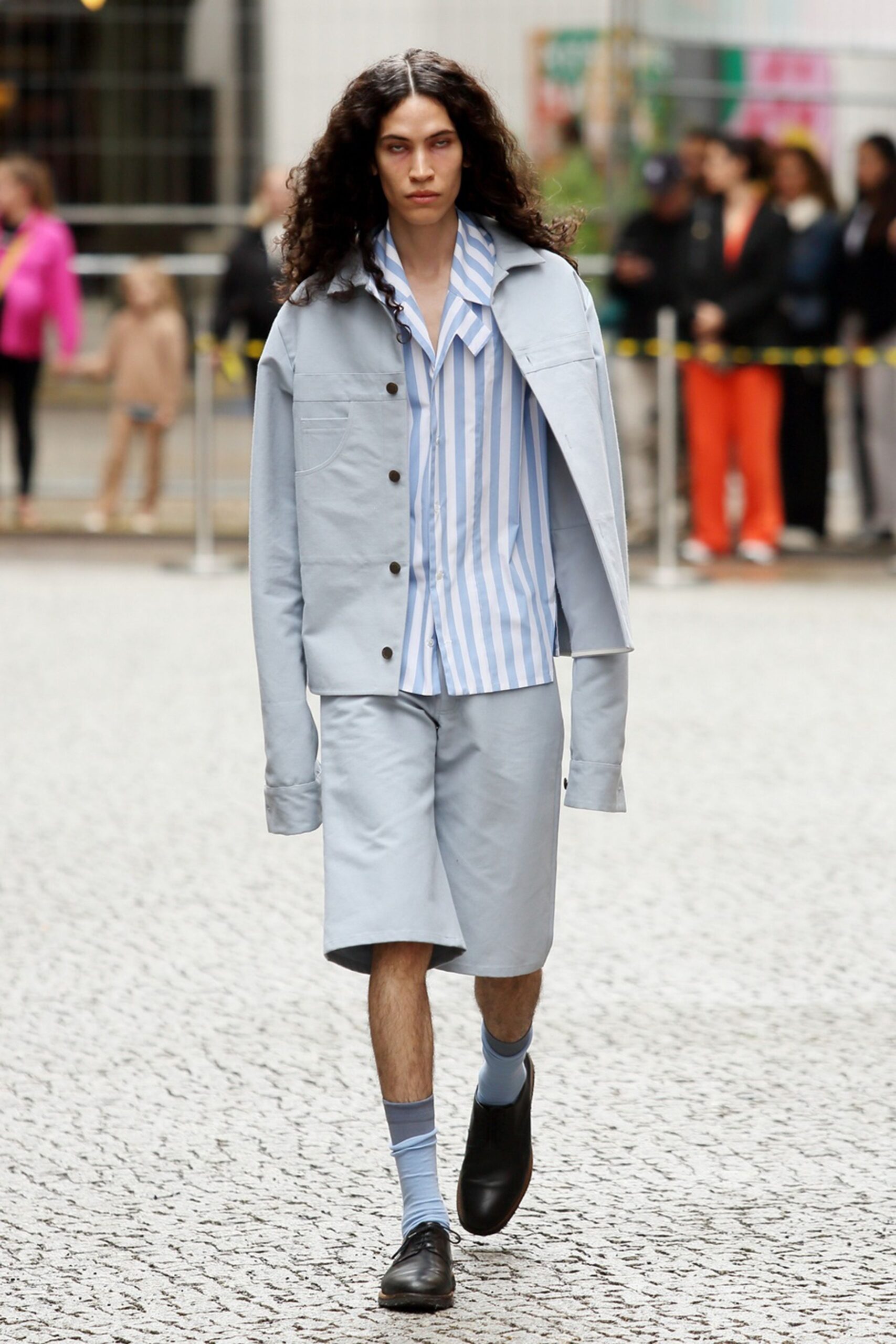 light blue relaxed jacket with striped shirt