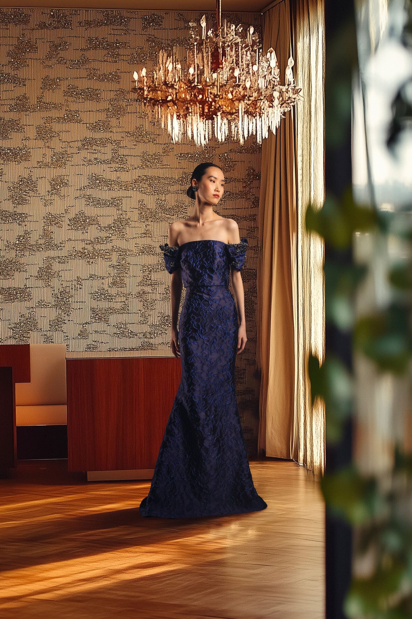 blue silk off-shoulder gown
