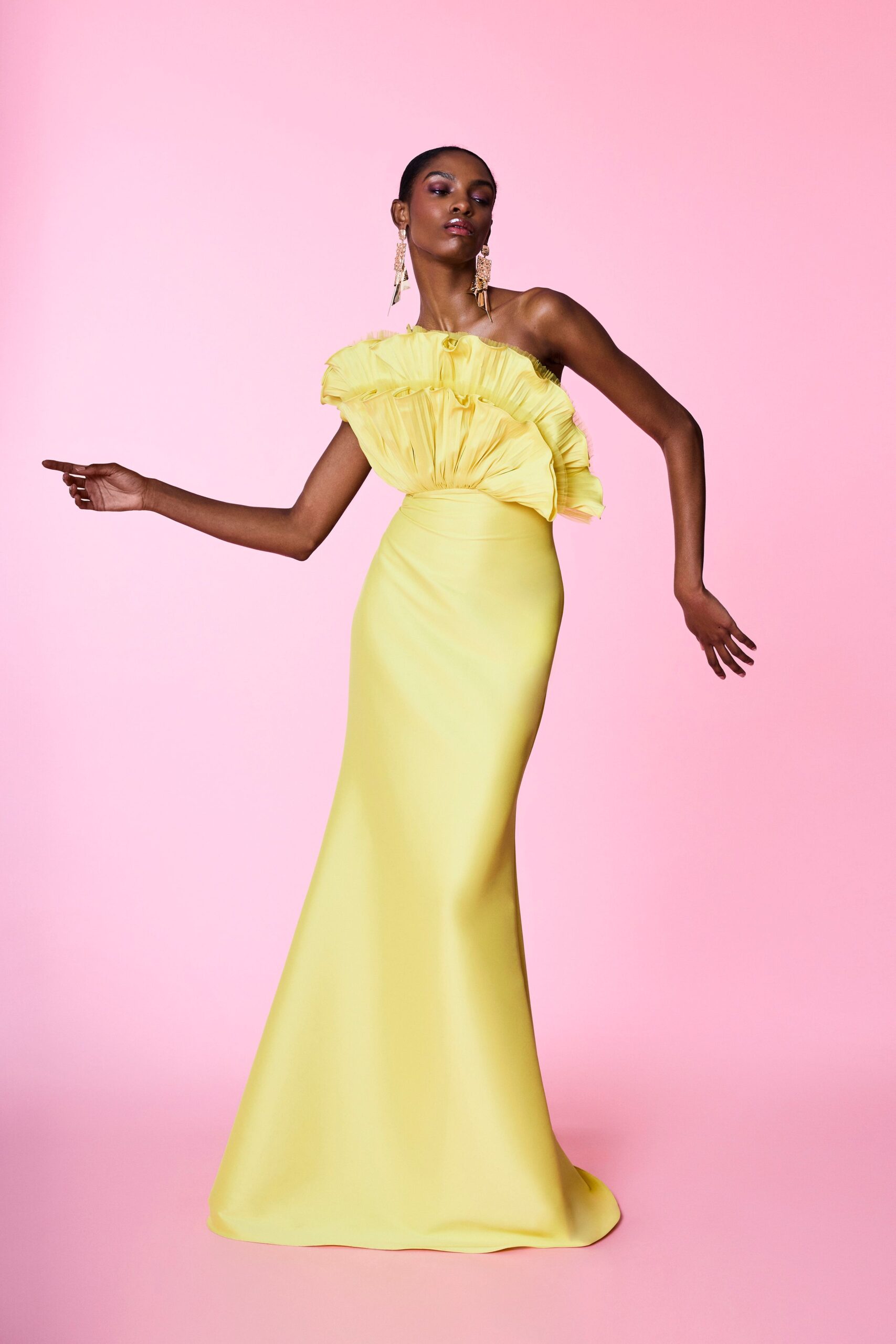 yellow silk off-shoulder gown