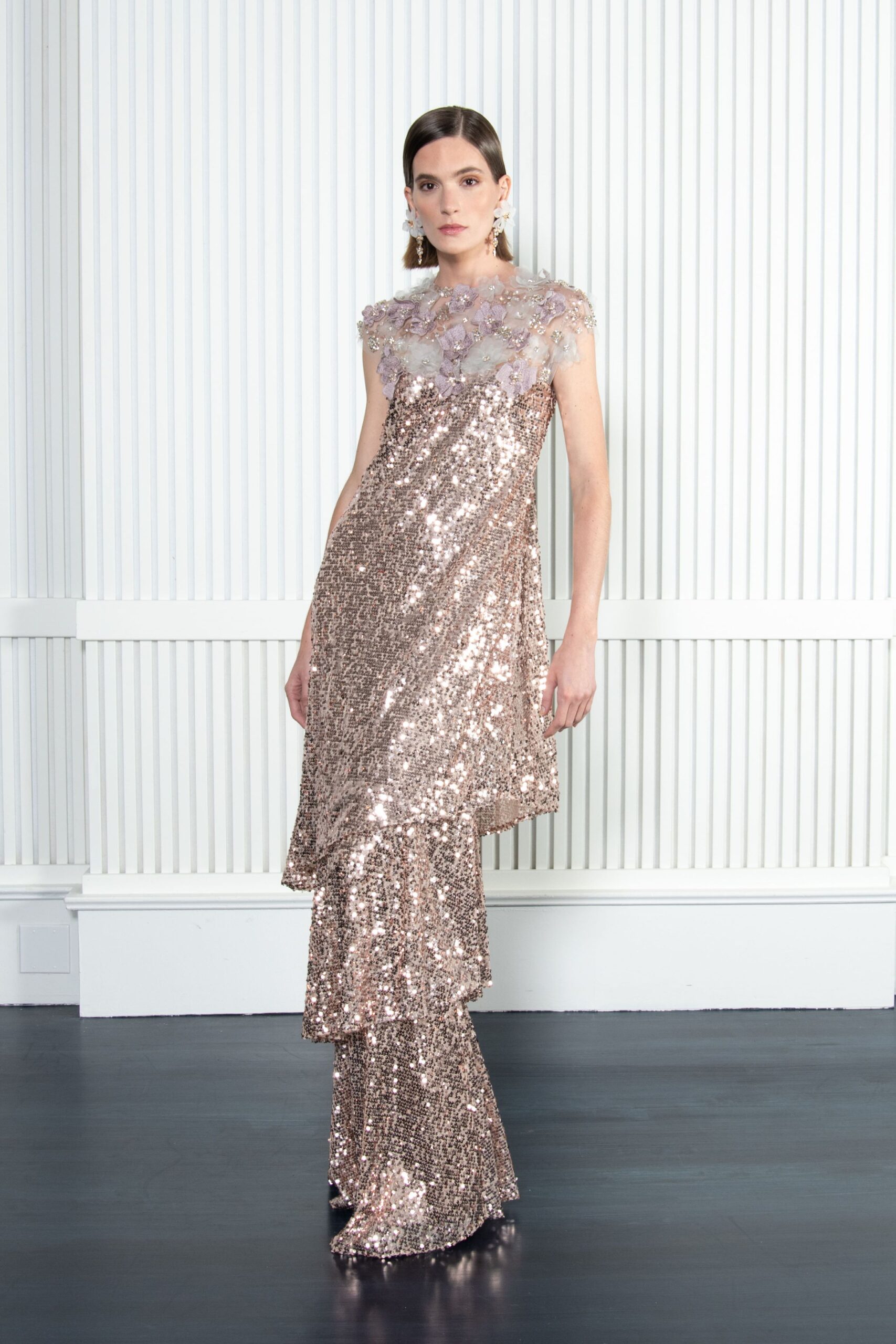 rose gold sequin sleeveless gown