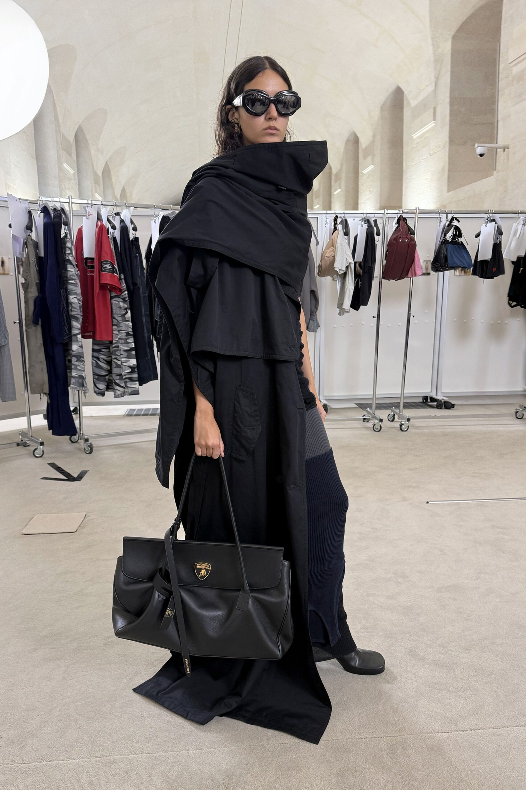black maxi dress with oversized coat