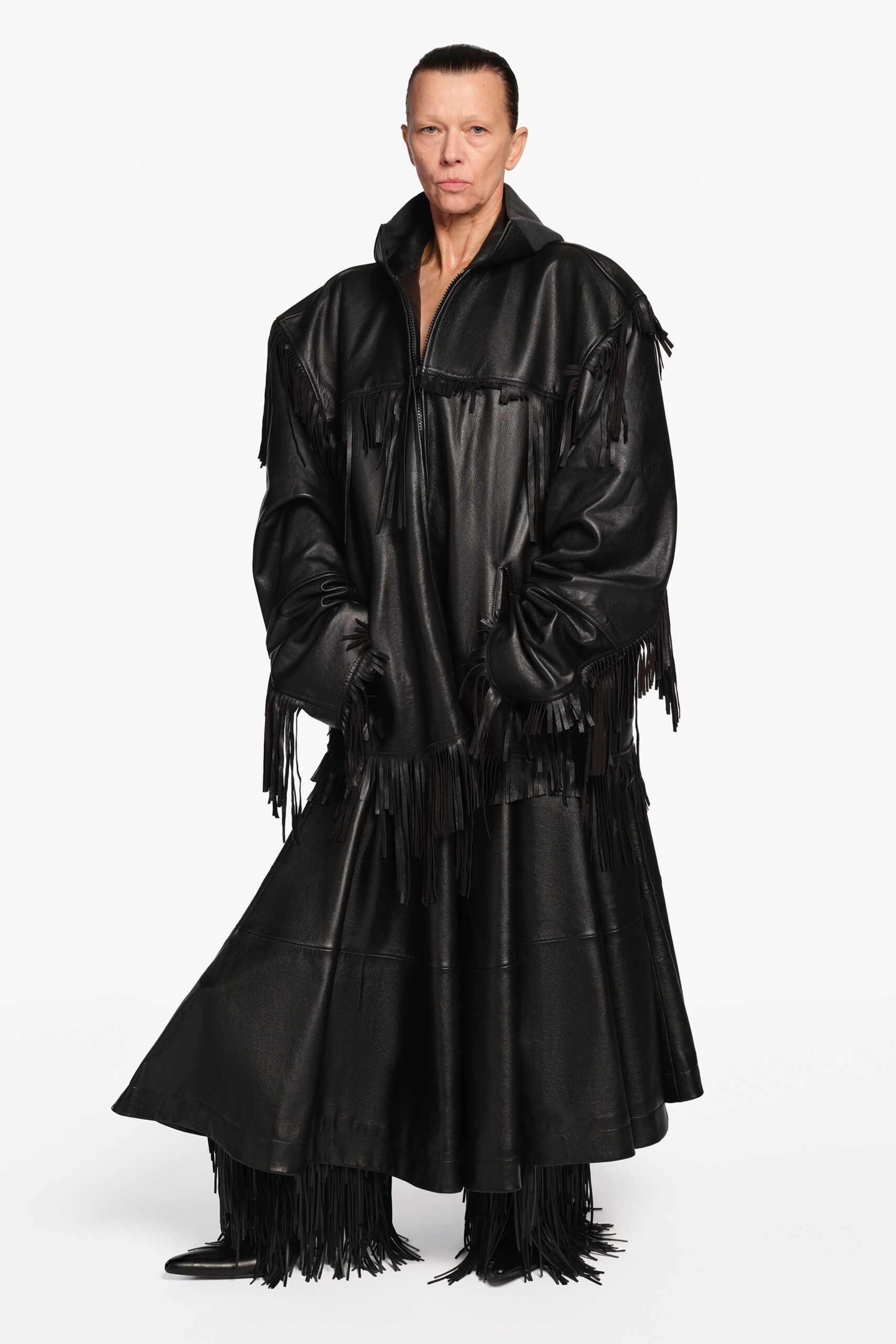 black leather oversized layered fringed shiny maxi skirt