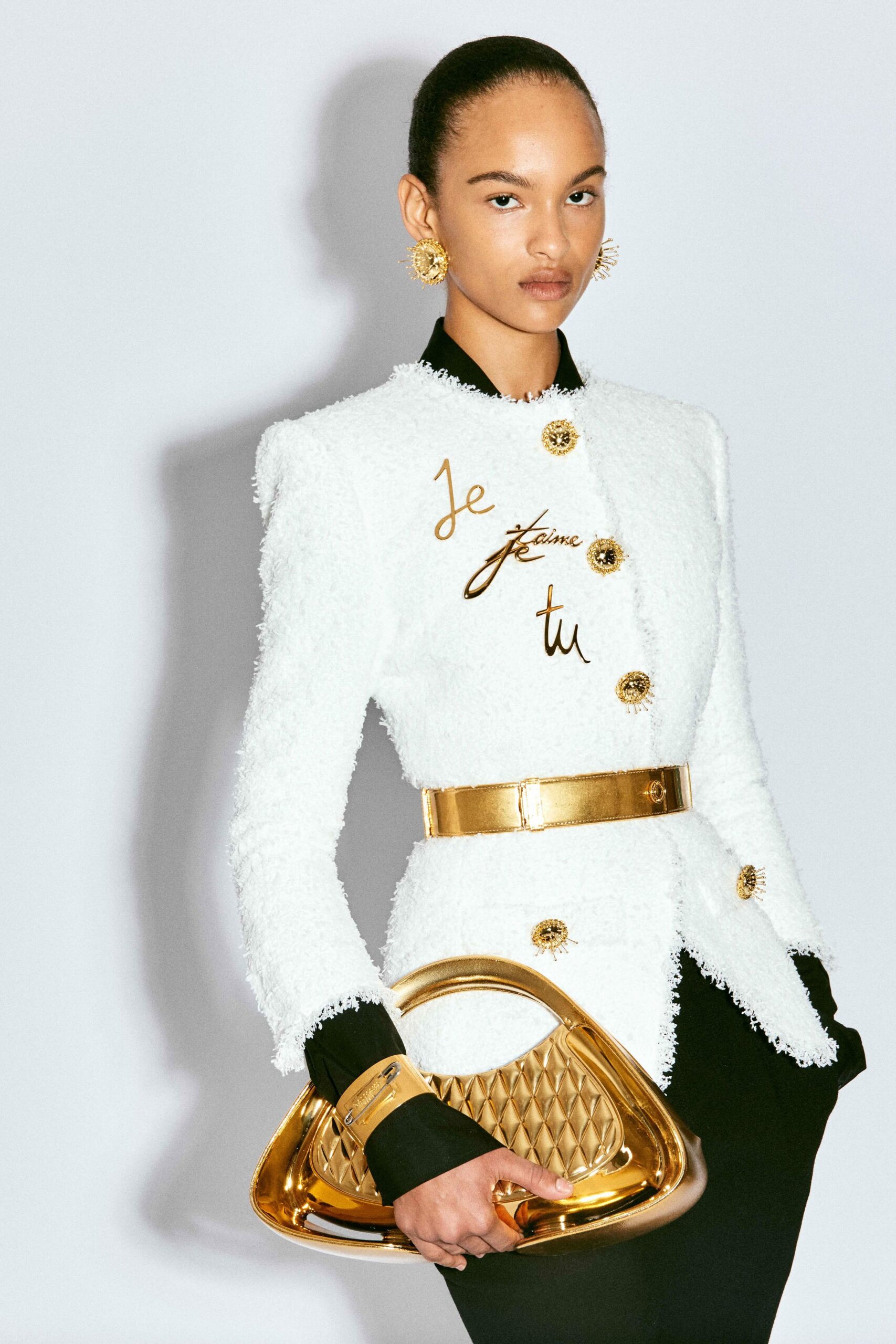white tweed long-sleeve collared tailored buttoned embroidered jacket