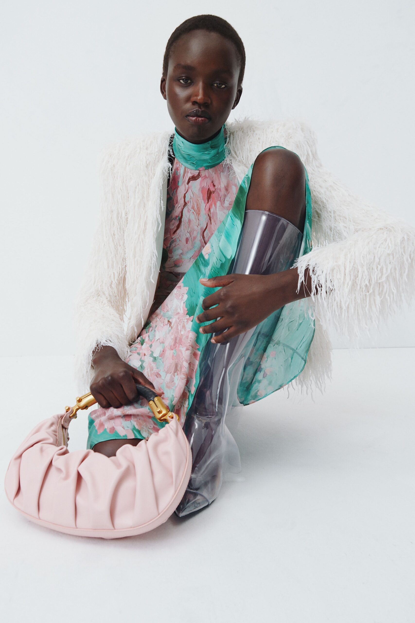 white feather long-sleeve oversized fringed layered textured coat