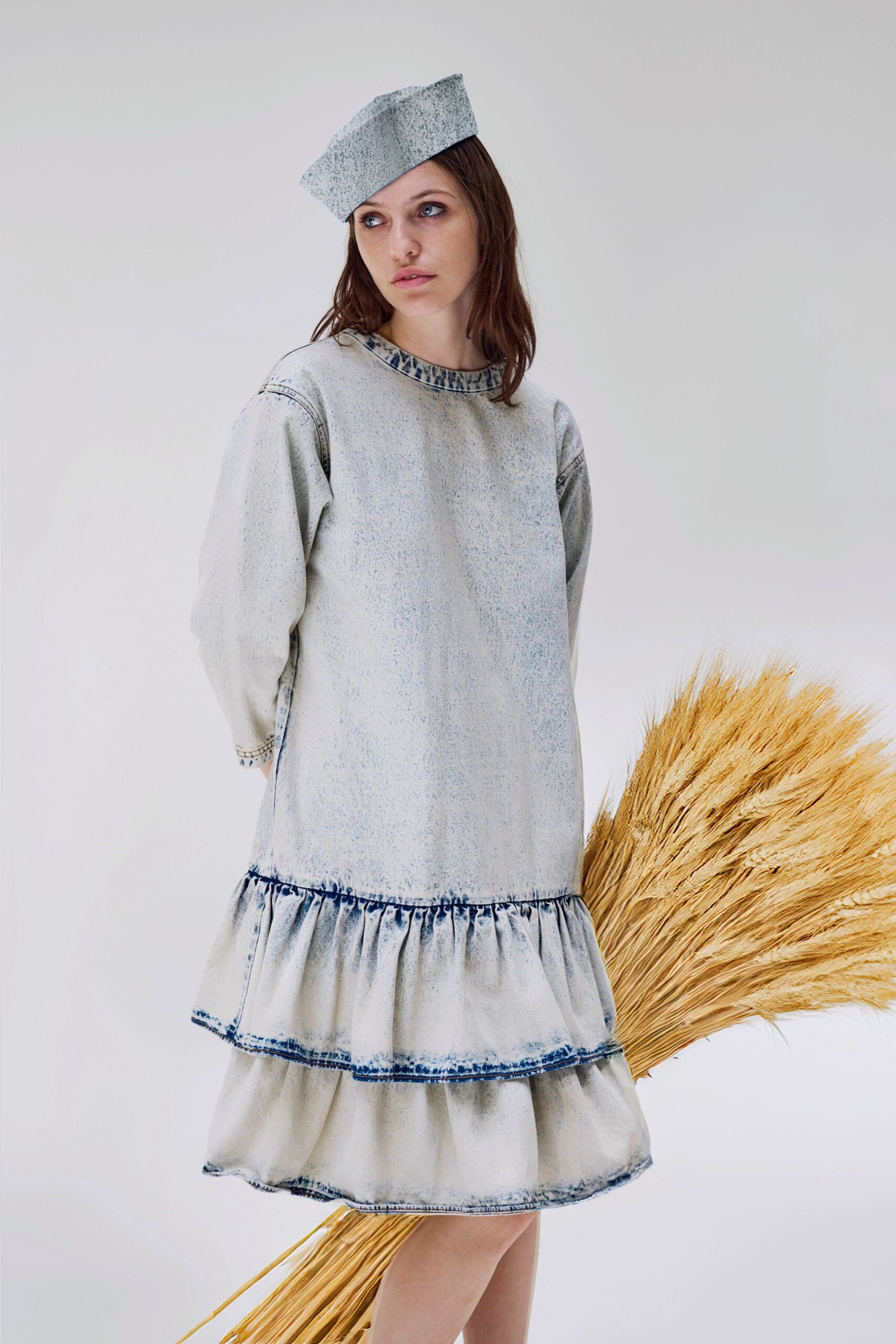 blue denim long-sleeve collared relaxed tiered mini dress