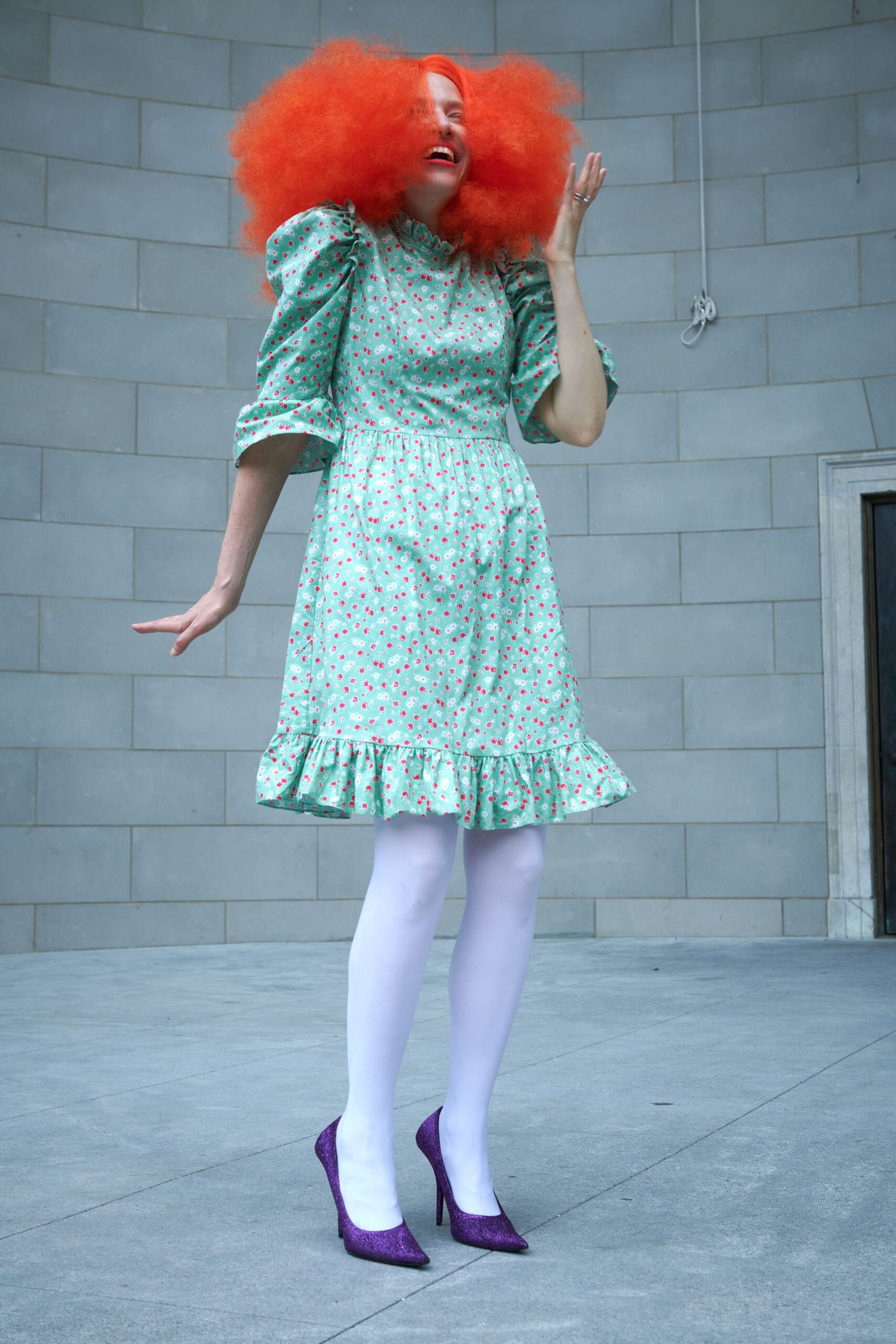 green silk short-sleeve high-neck relaxed printed ruffled dress