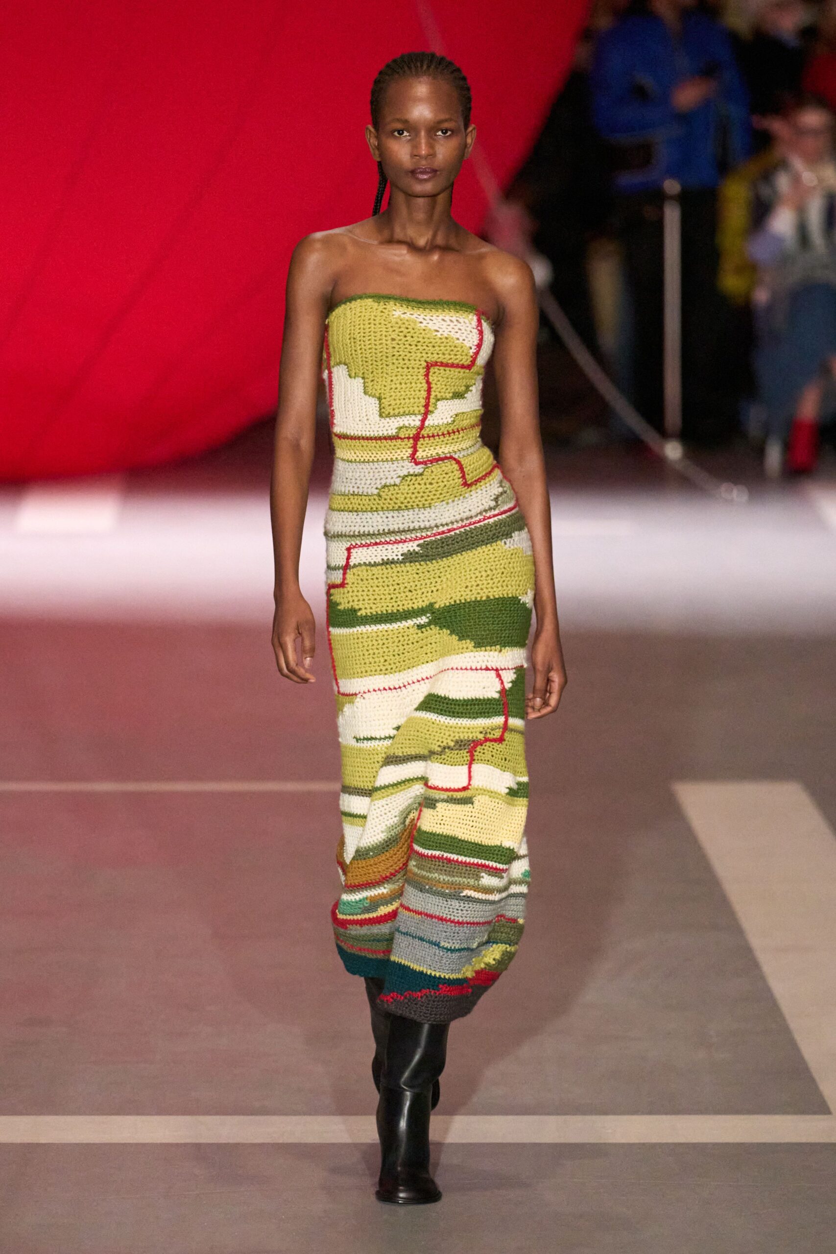 strapless color-blocked maxi gown with boots