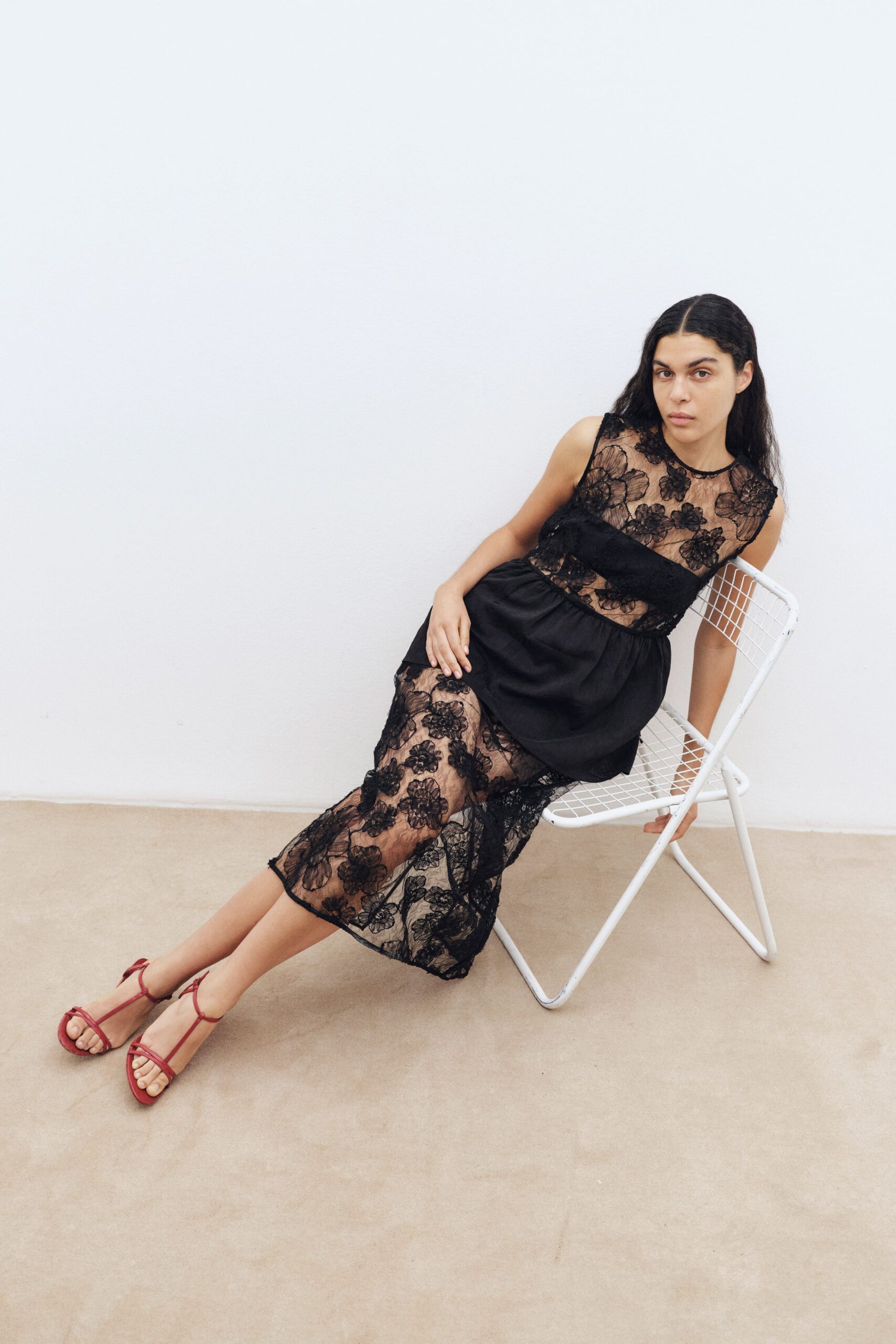 black lace sleeveless v-neck fitted layered embroidered dress