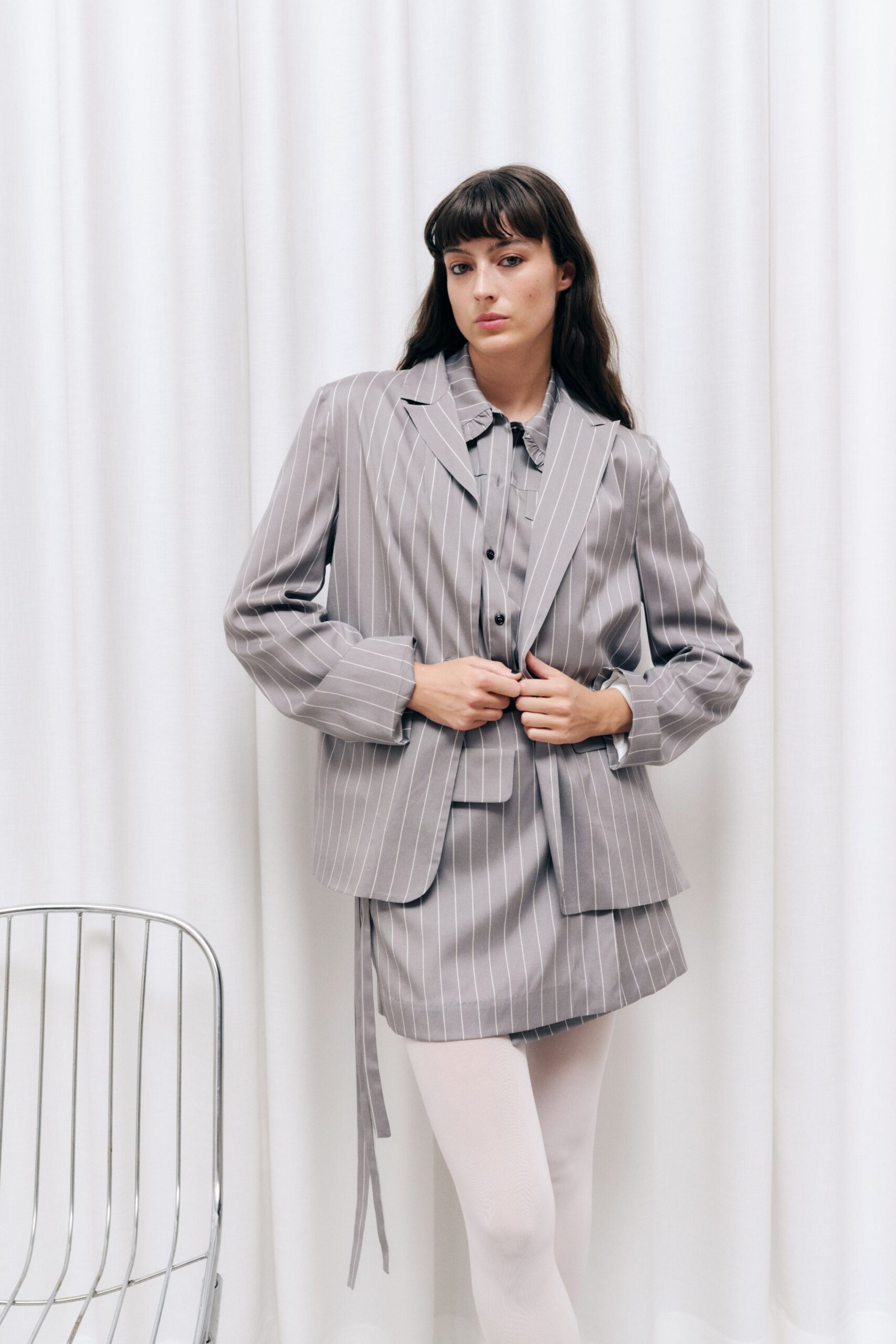 gray striped blazer and skirt
