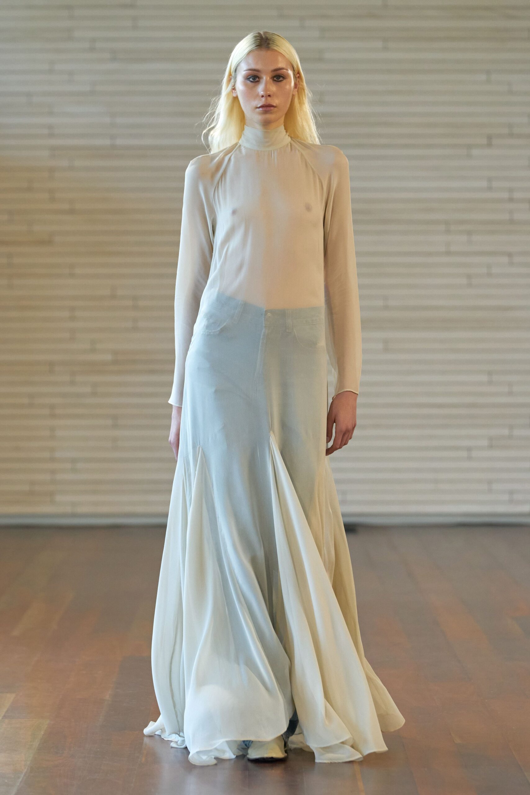 beige and blue silk gown