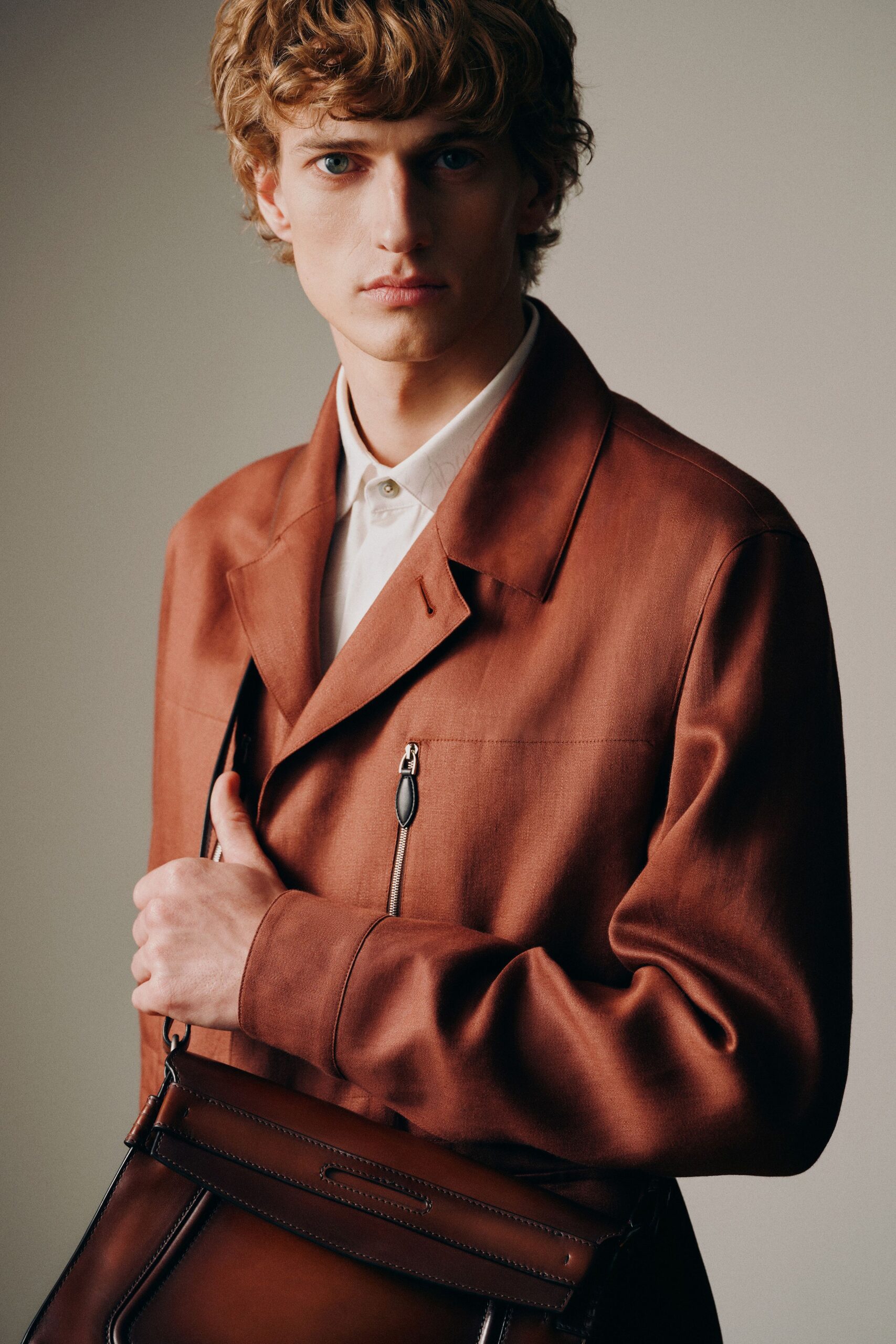 brown cotton long-sleeve collared structured zippered jacket