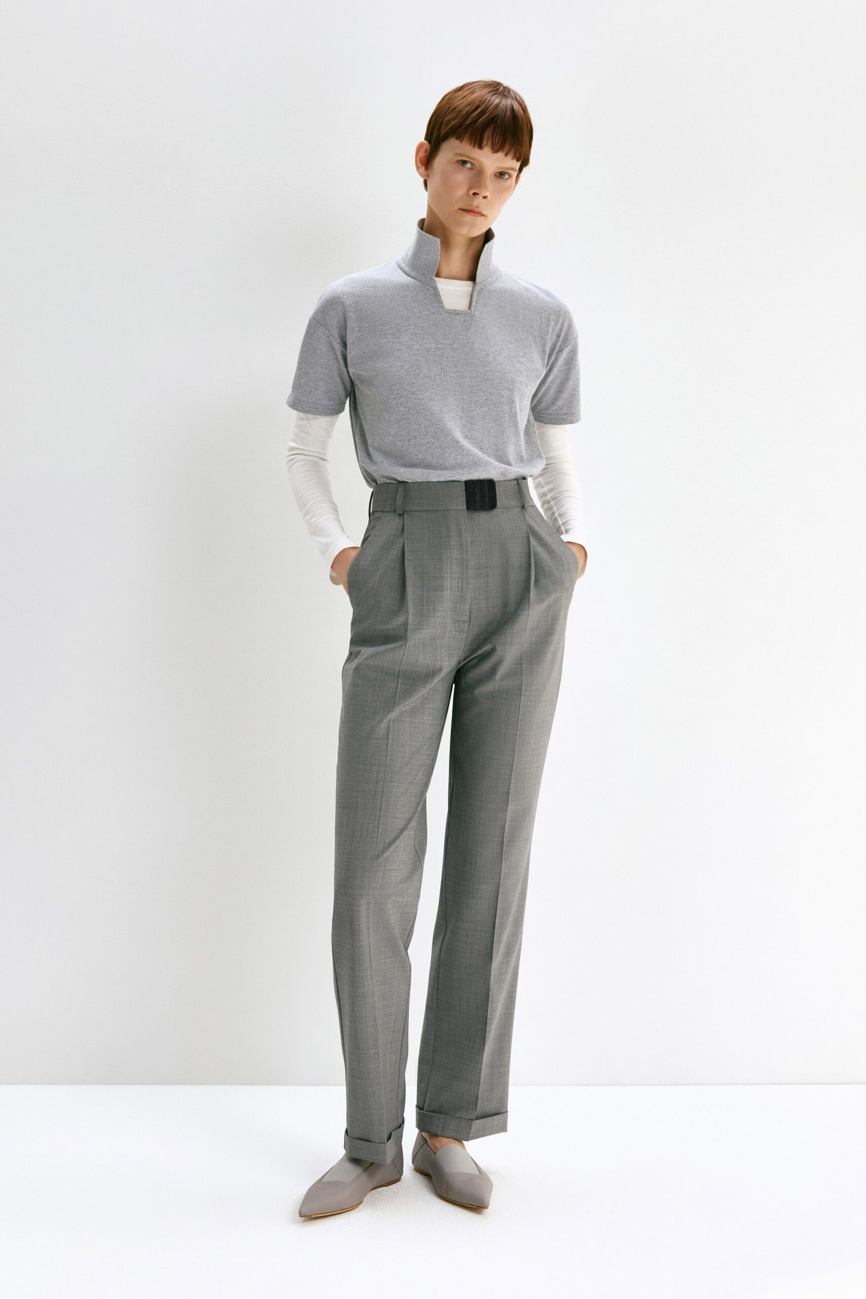gray relaxed top with tailored pants
