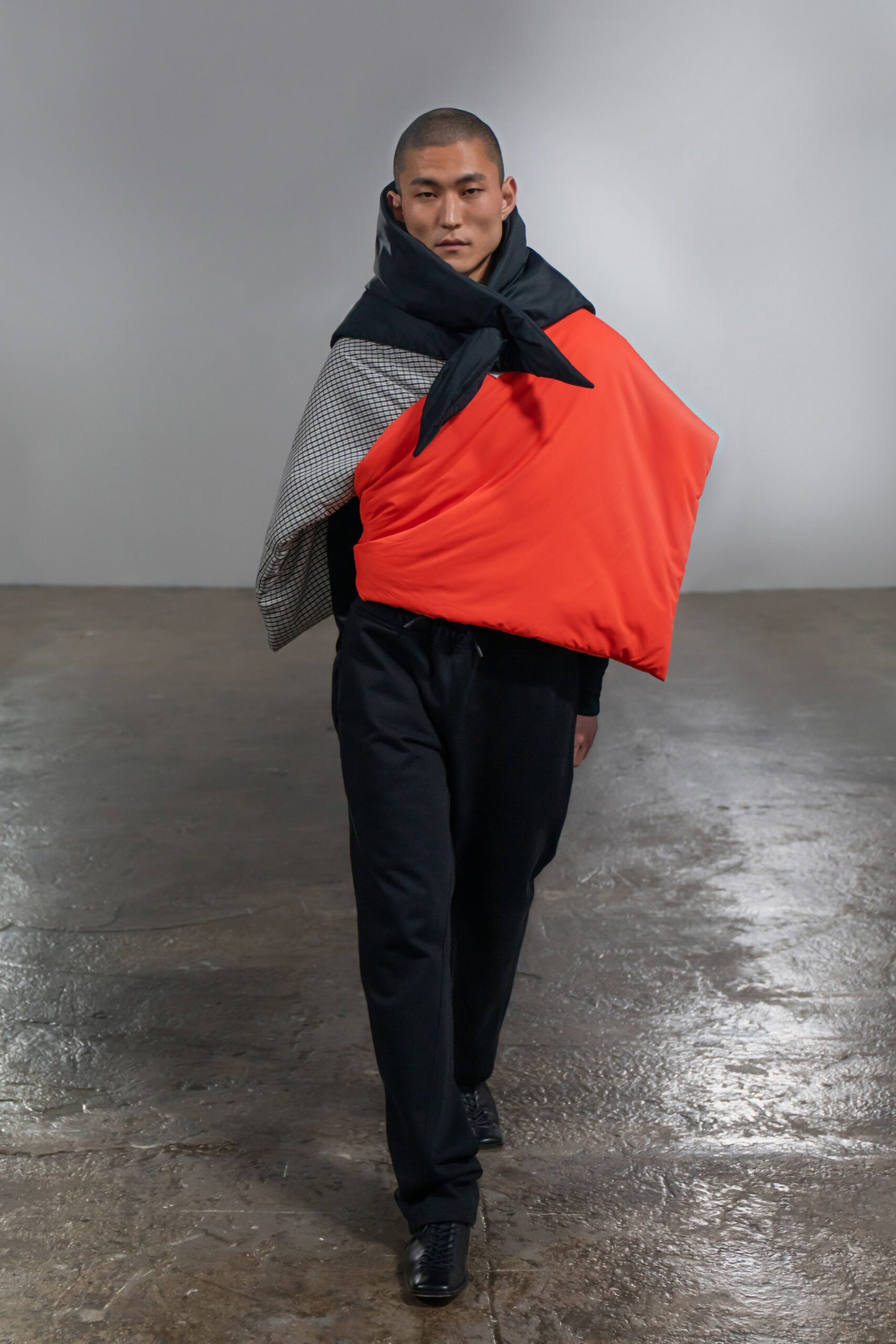 orange color-blocked jacket with relaxed pants