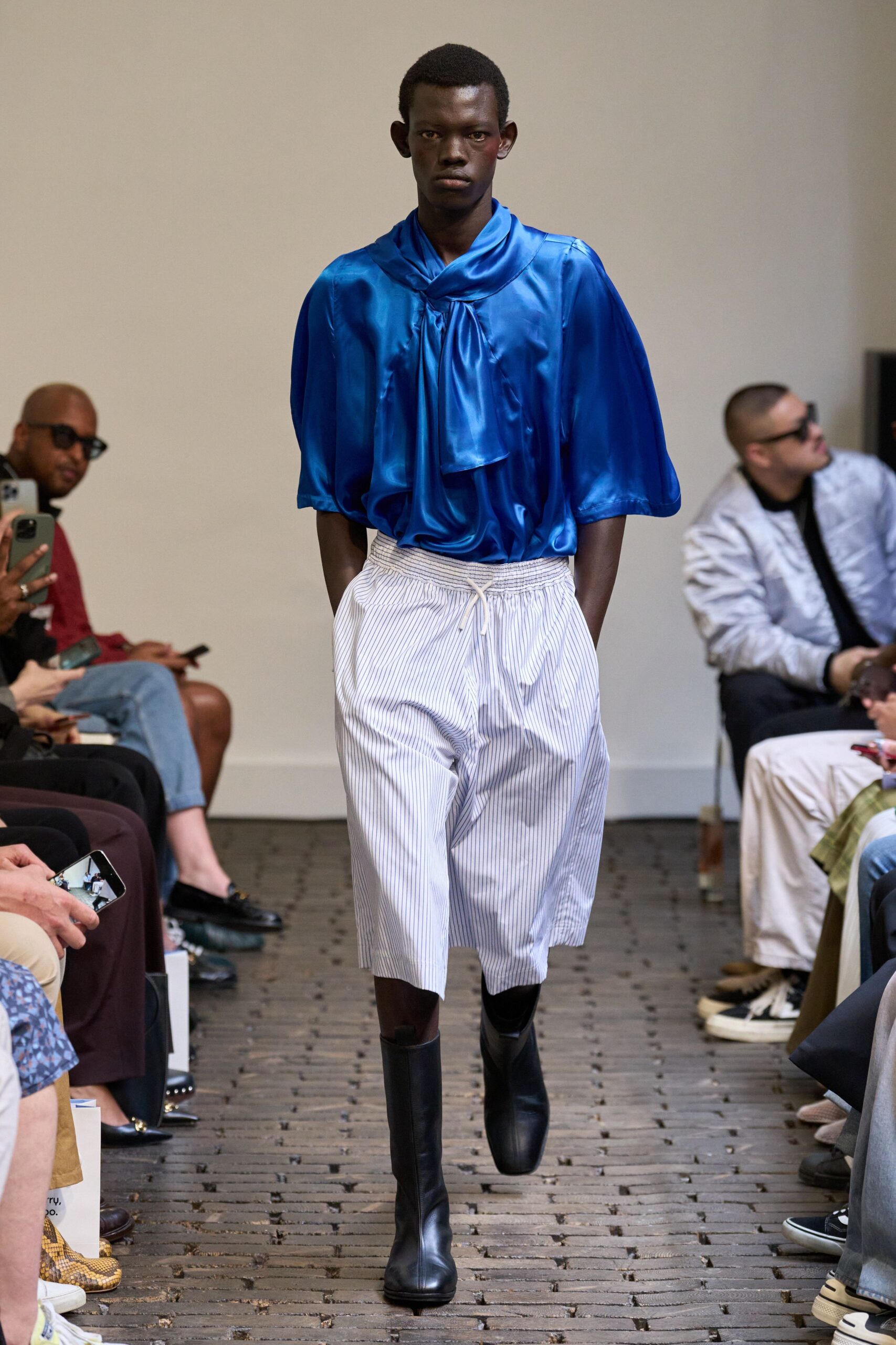 blue silk relaxed top with striped shorts