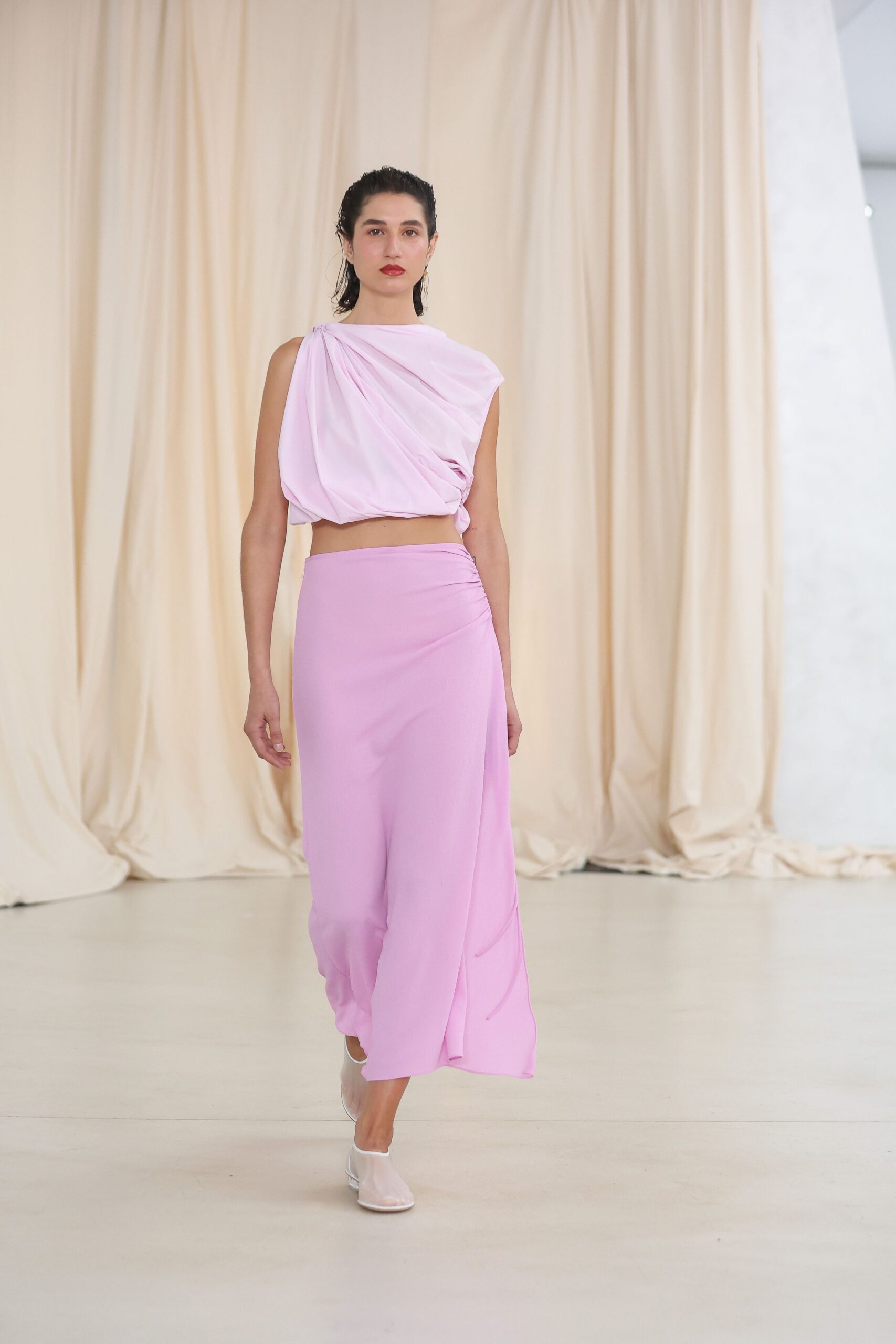 pink silk sleeveless high-neck fitted draped layered top