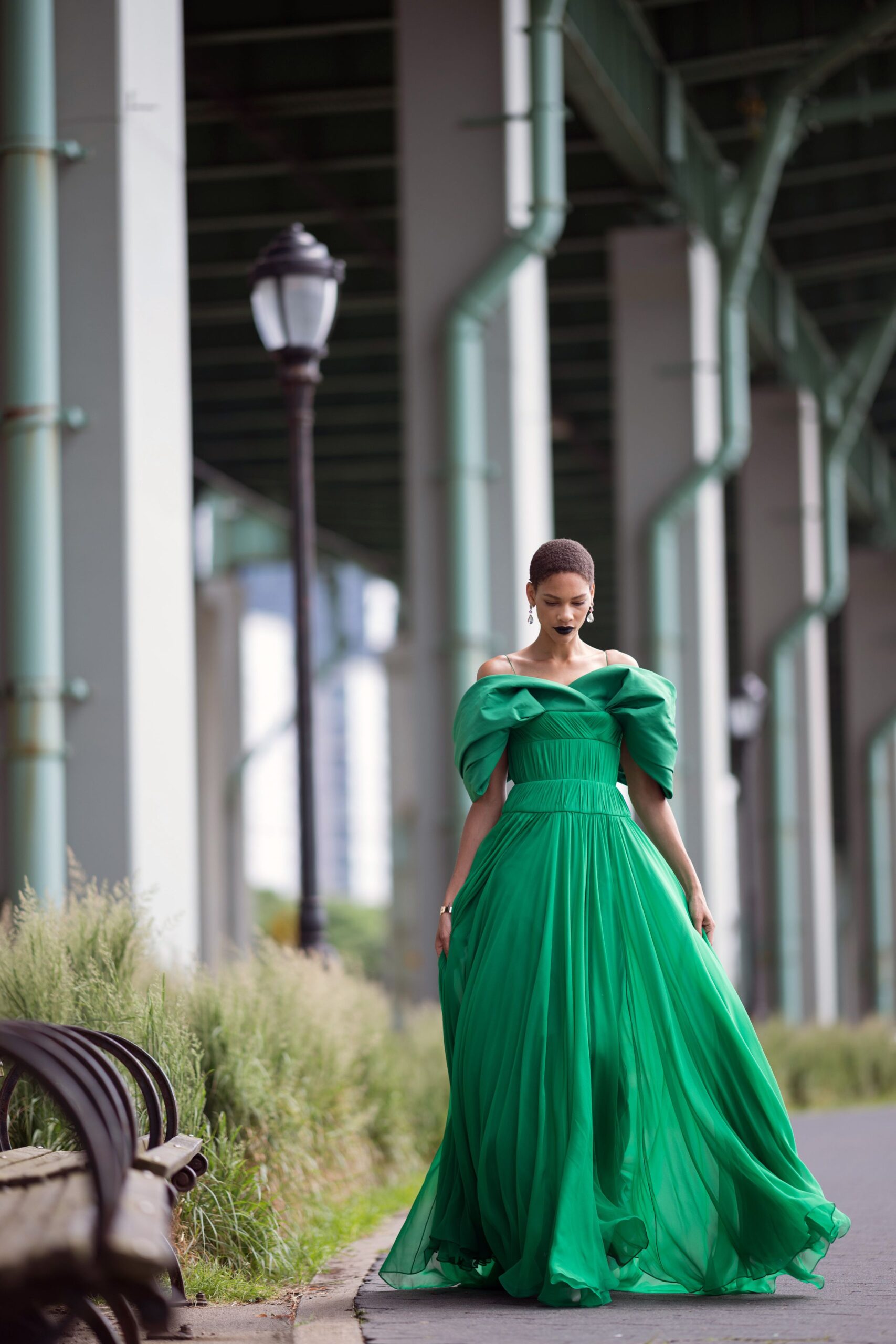 green silk off-shoulder gown