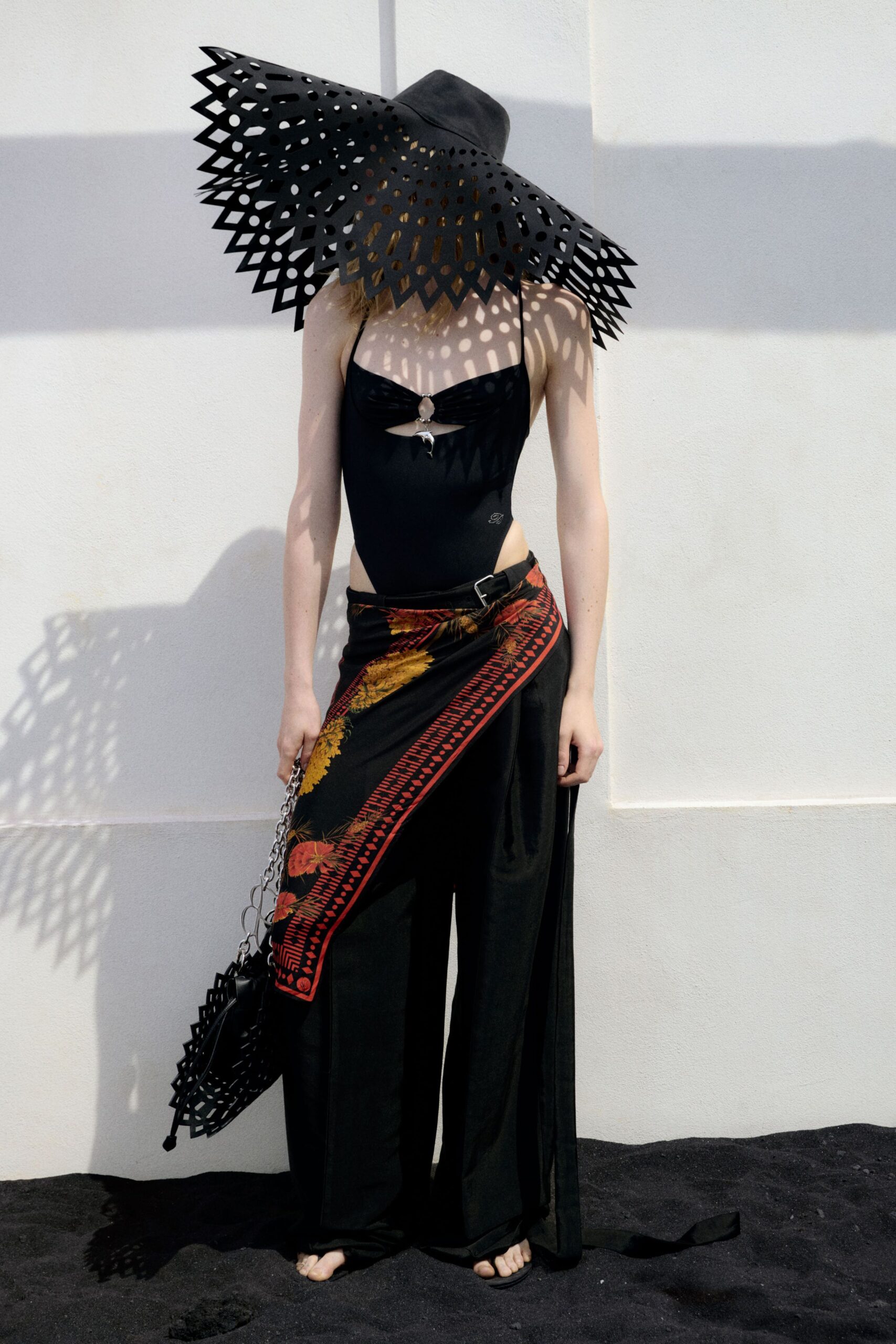 black silk relaxed wide-leg printed flowing maxi pants