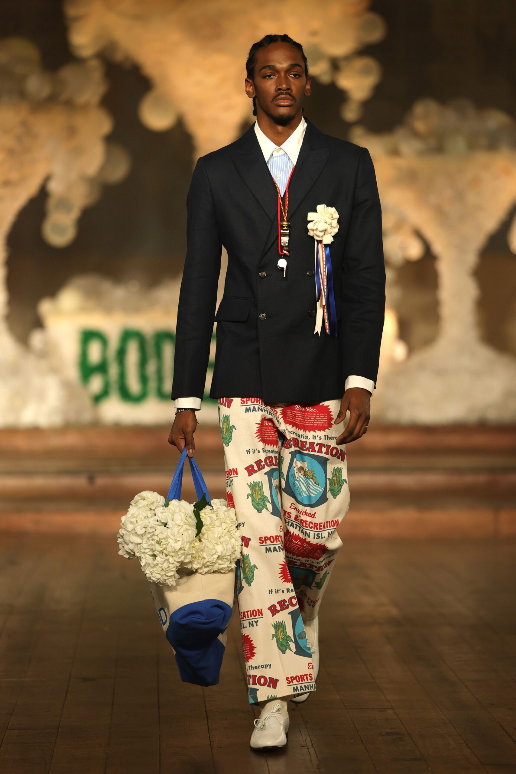 navy tailored blazer with printed pants