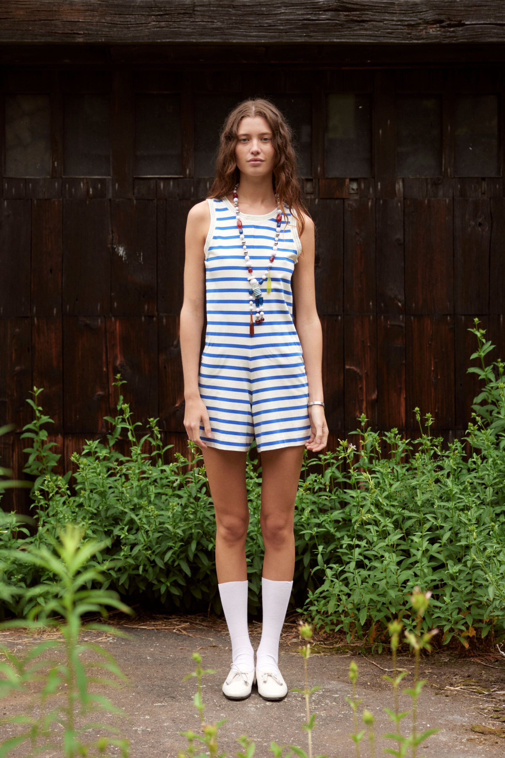 white cotton sleeveless collared fitted striped romper