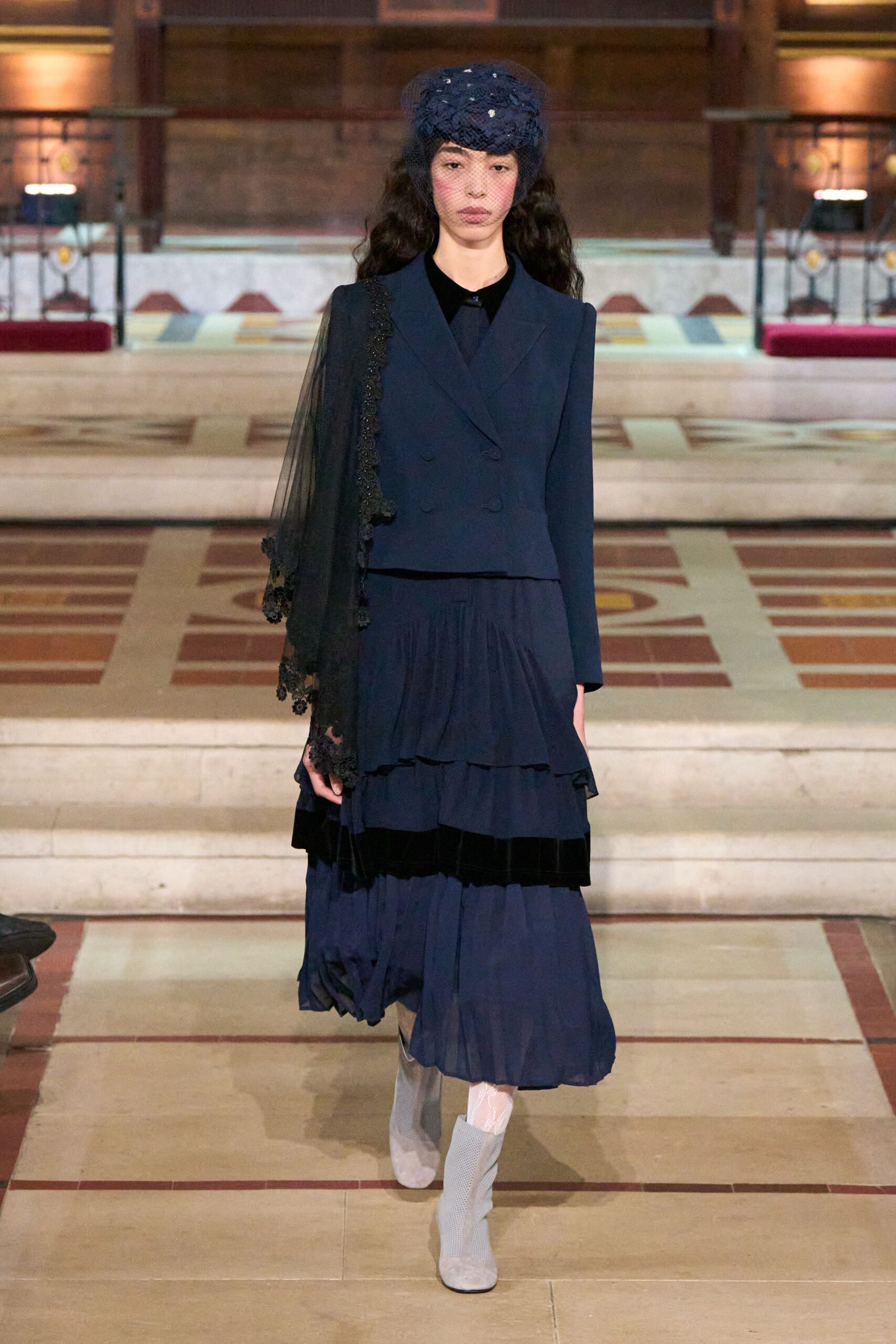 navy blazer with tiered skirt