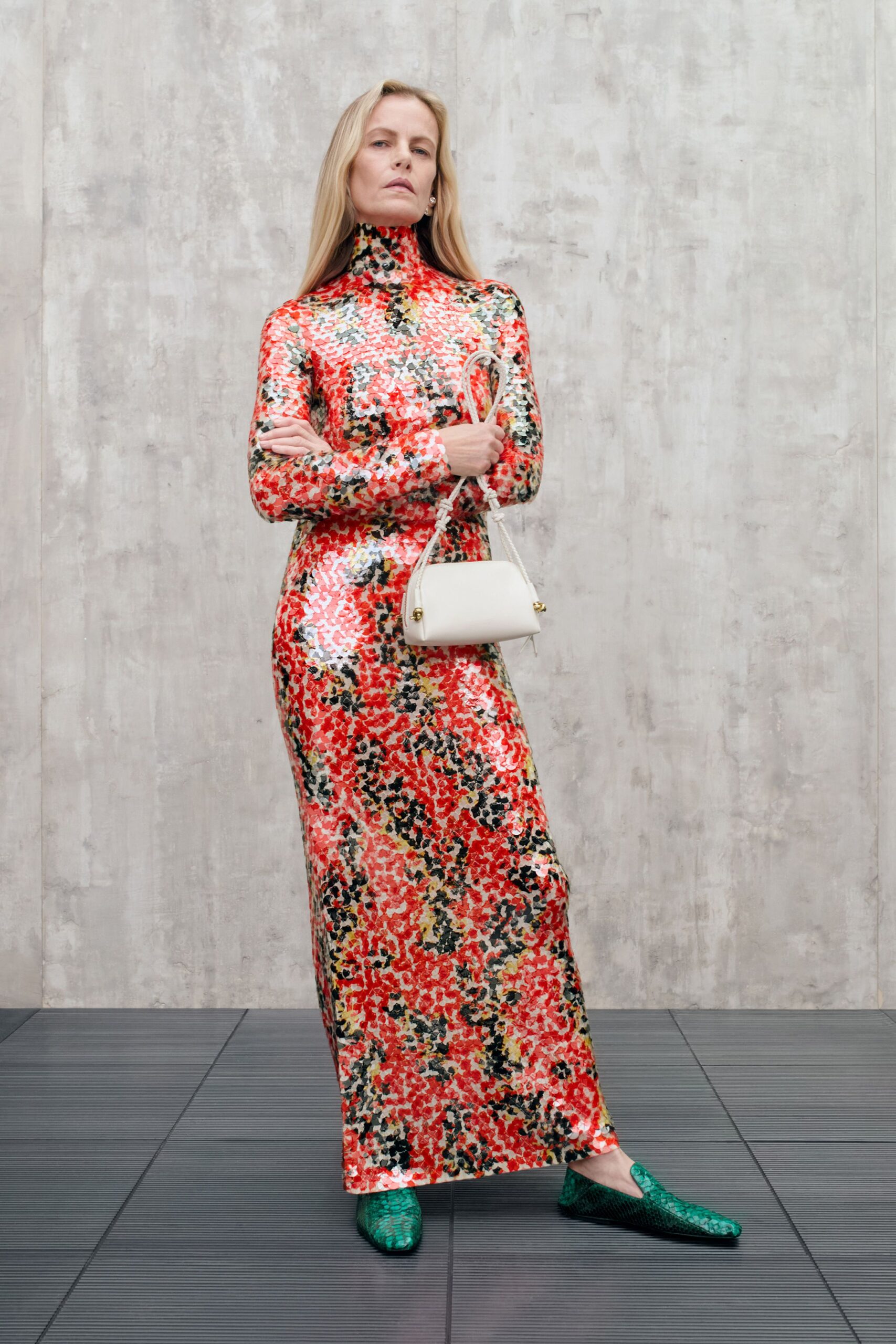 red silk long-sleeve high-neck fitted floral shiny gown