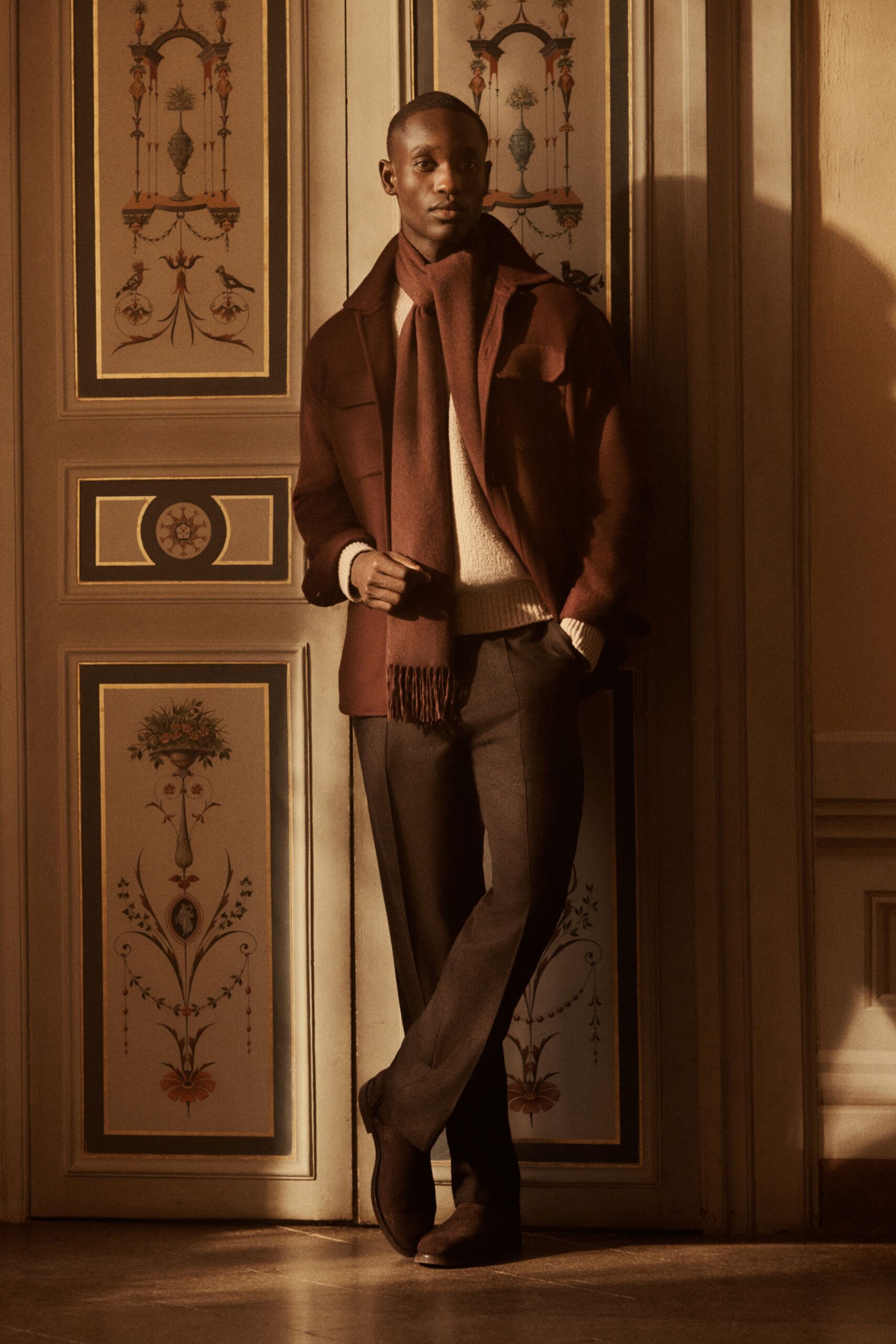 brown wool jacket with scarf