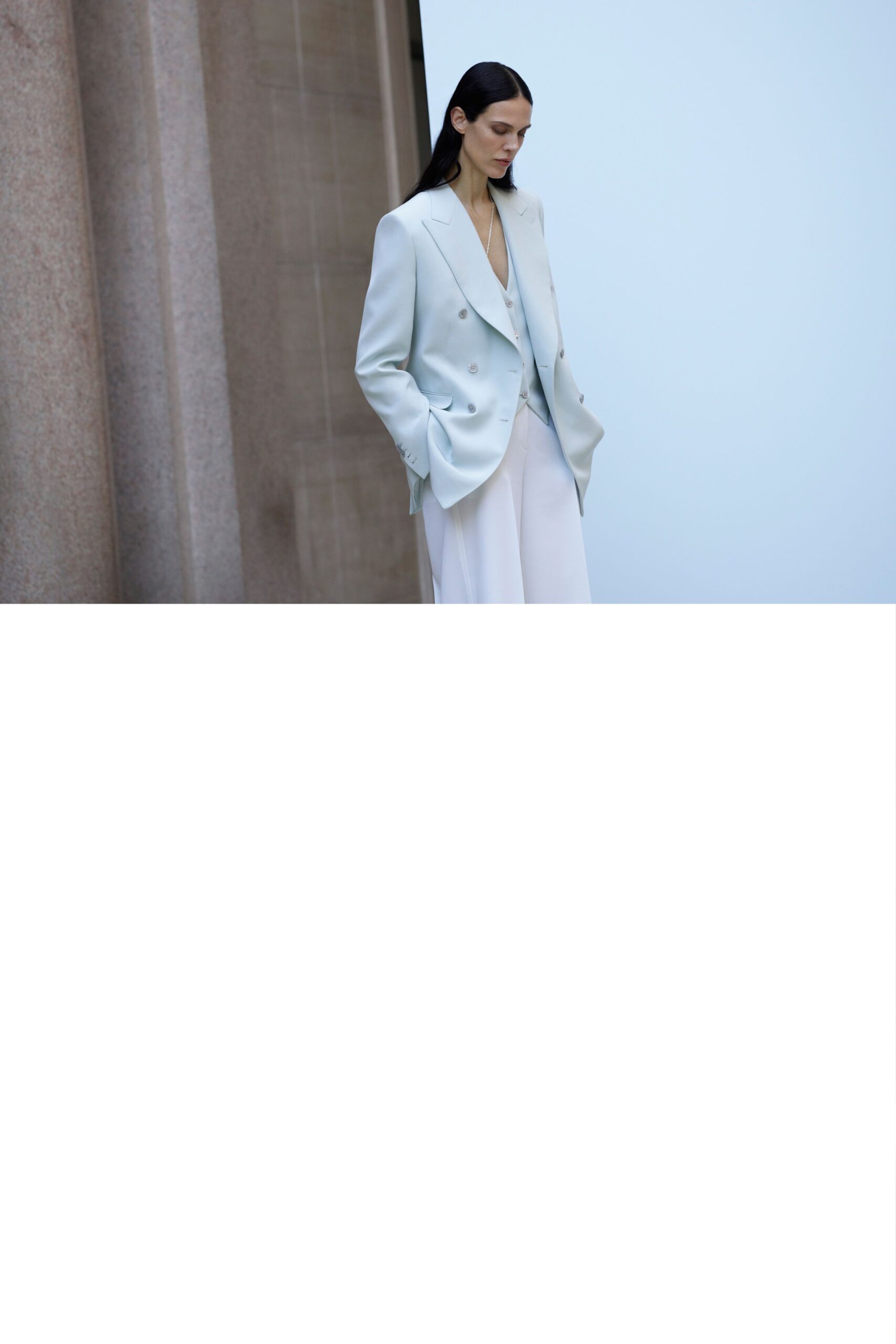 light blue blazer with white pants