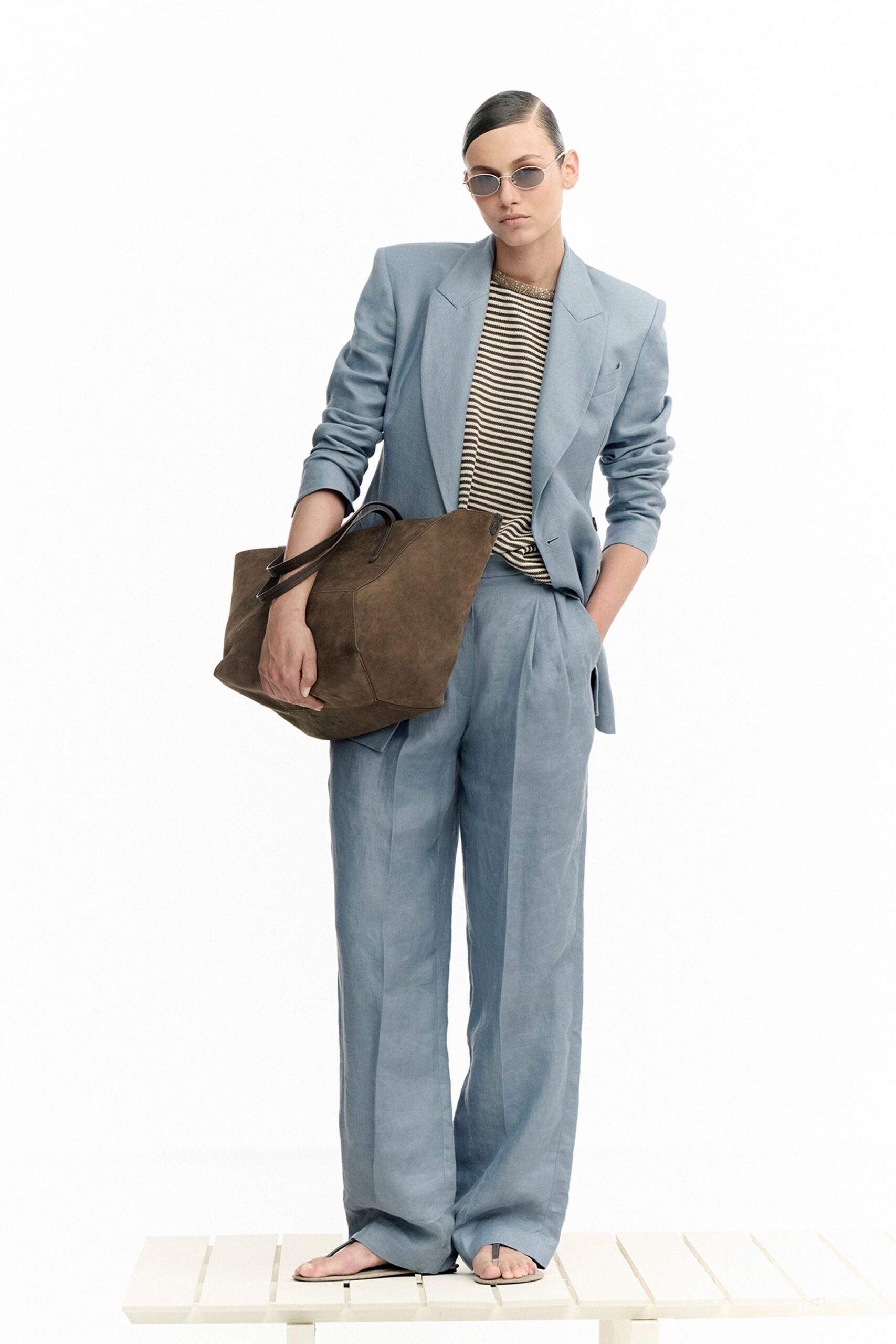 blue blazer with relaxed pants