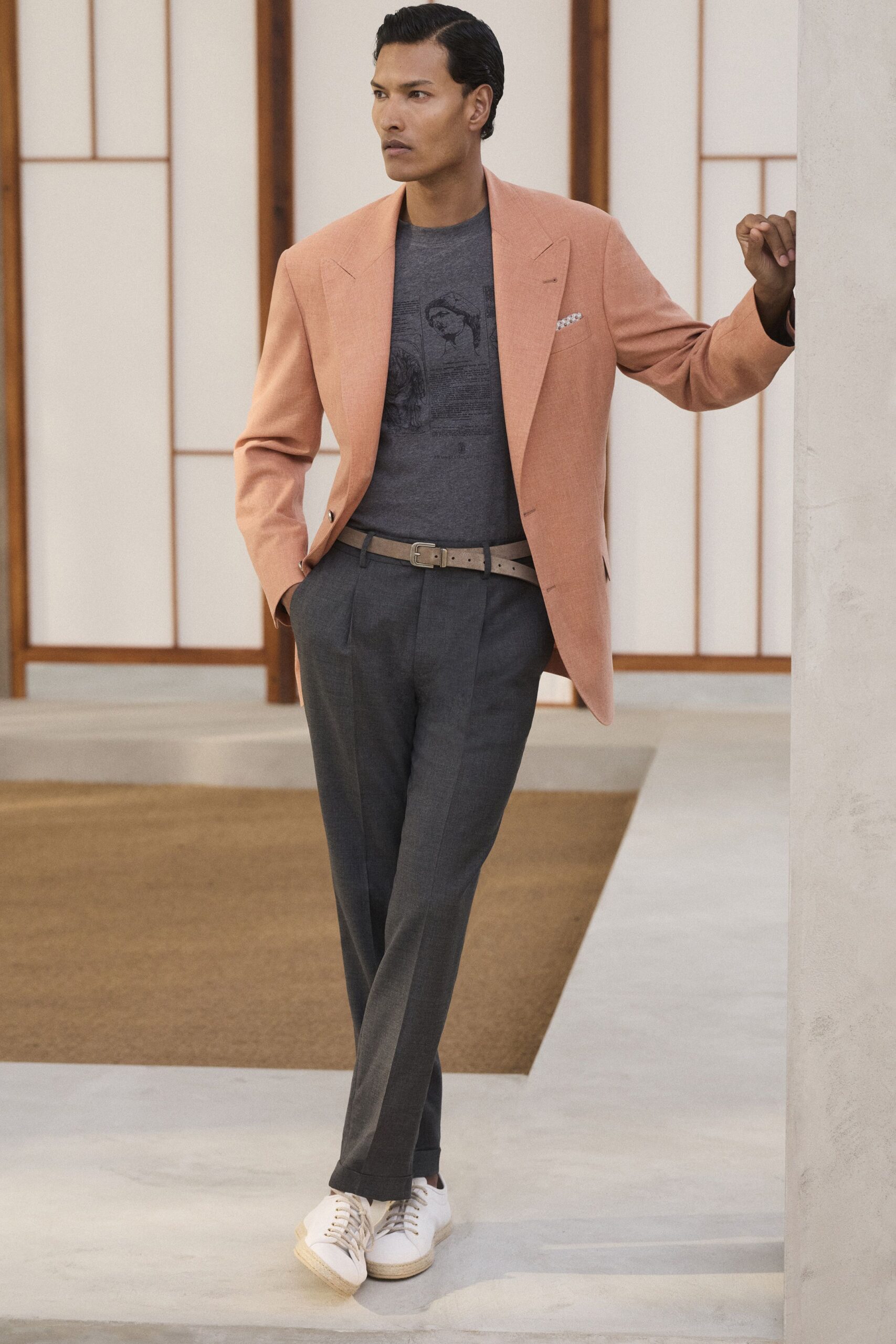 pink linen long-sleeve collared structured pockets blazer