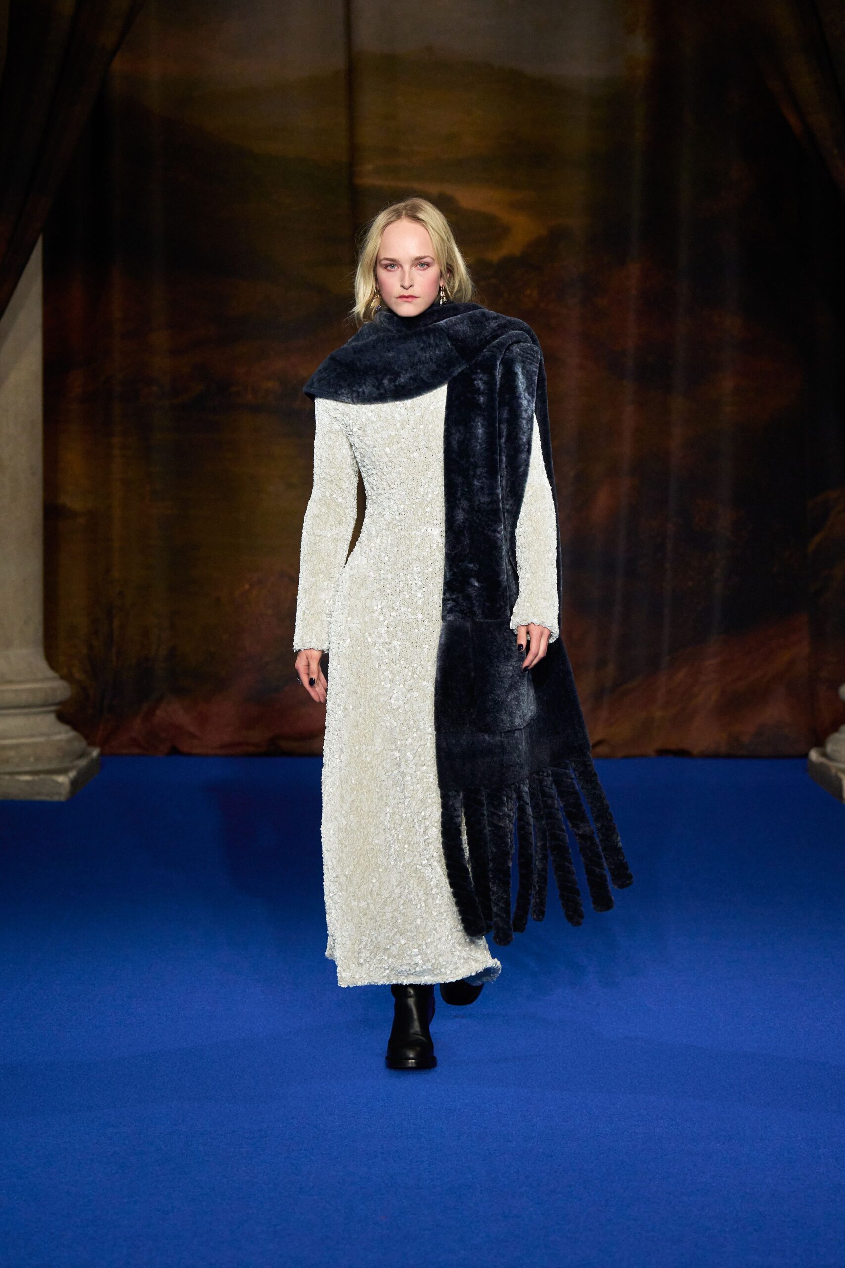 white velvet long-sleeve gown