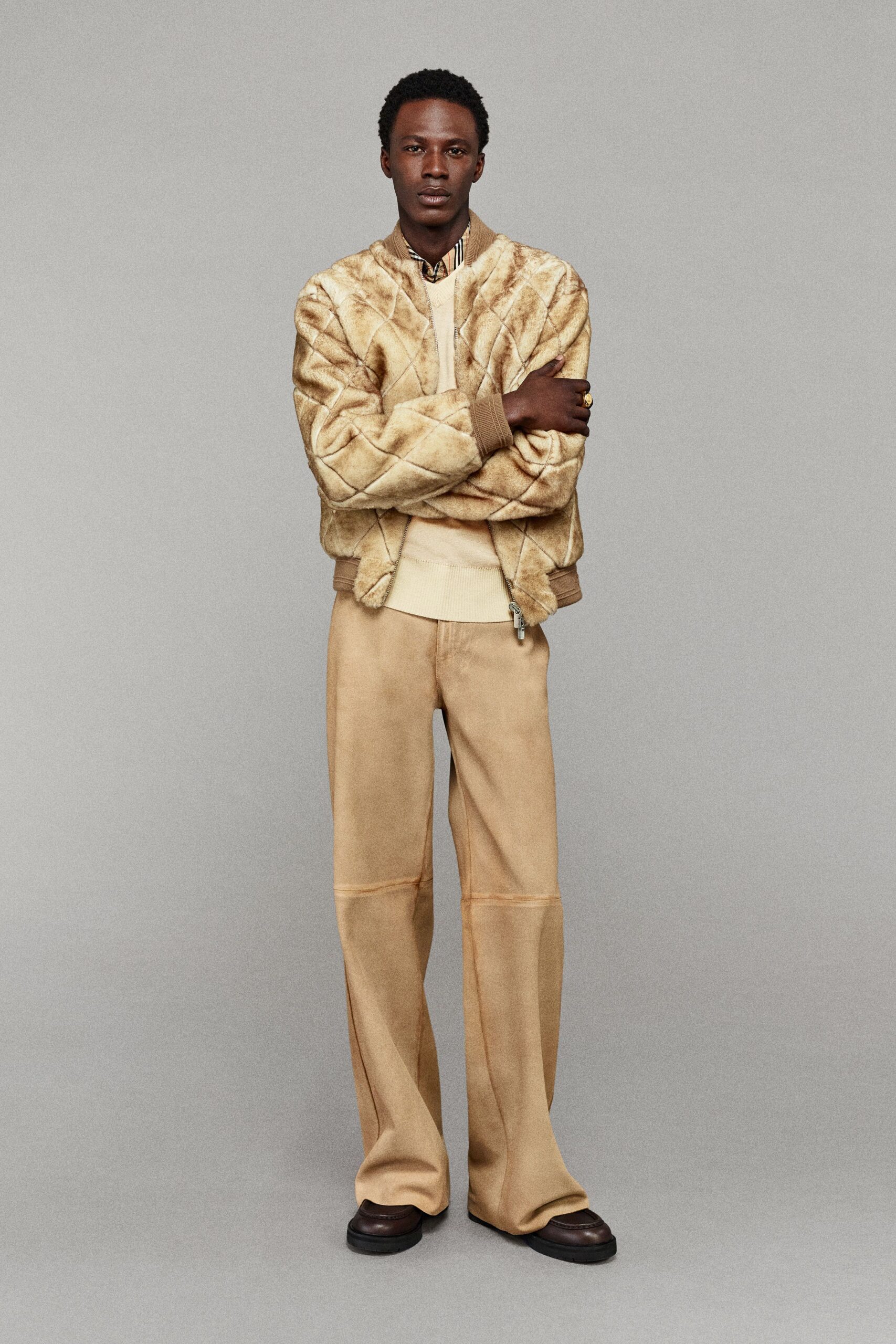 beige velvet jacket with relaxed pants